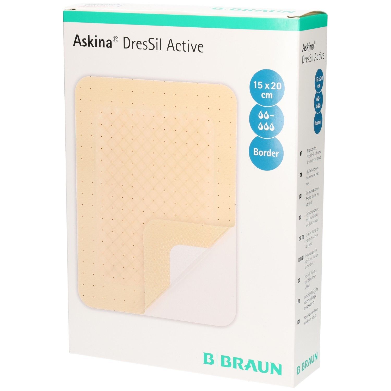 Verpackung von Askina DresSil Active Border. Zeigt ein Pflaster, 15x20 cm. B. Braun Logo.