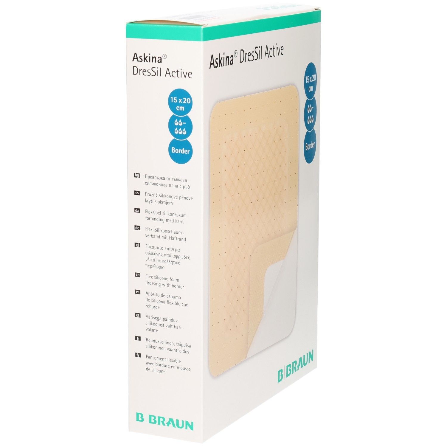 Askina DresSil Active Border Verpackung. Pflaster 15x20 cm sichtbar. B. Braun Logo.