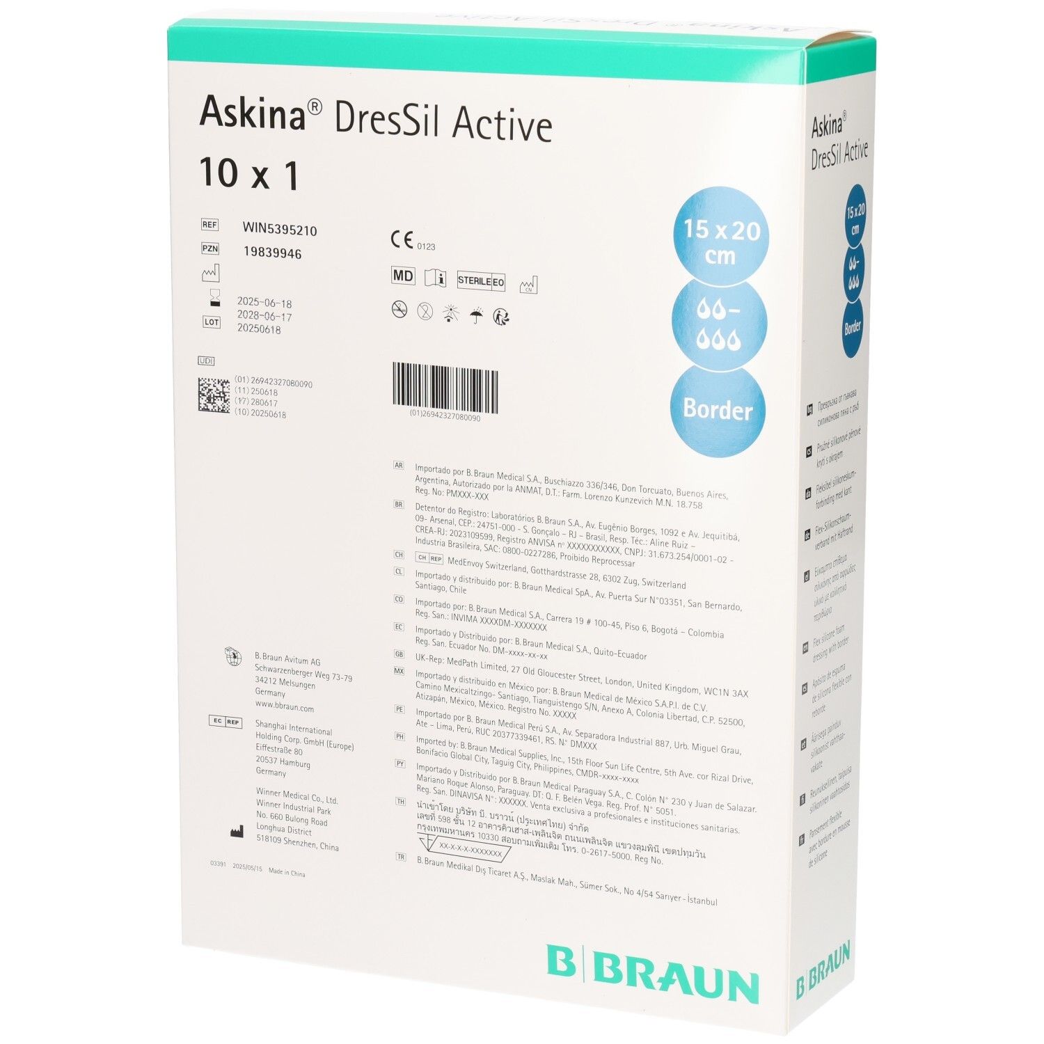 Rückseite der Askina DresSil Active Border Verpackung. Produktinformationen, CE-Kennzeichnung, B. Braun Logo.