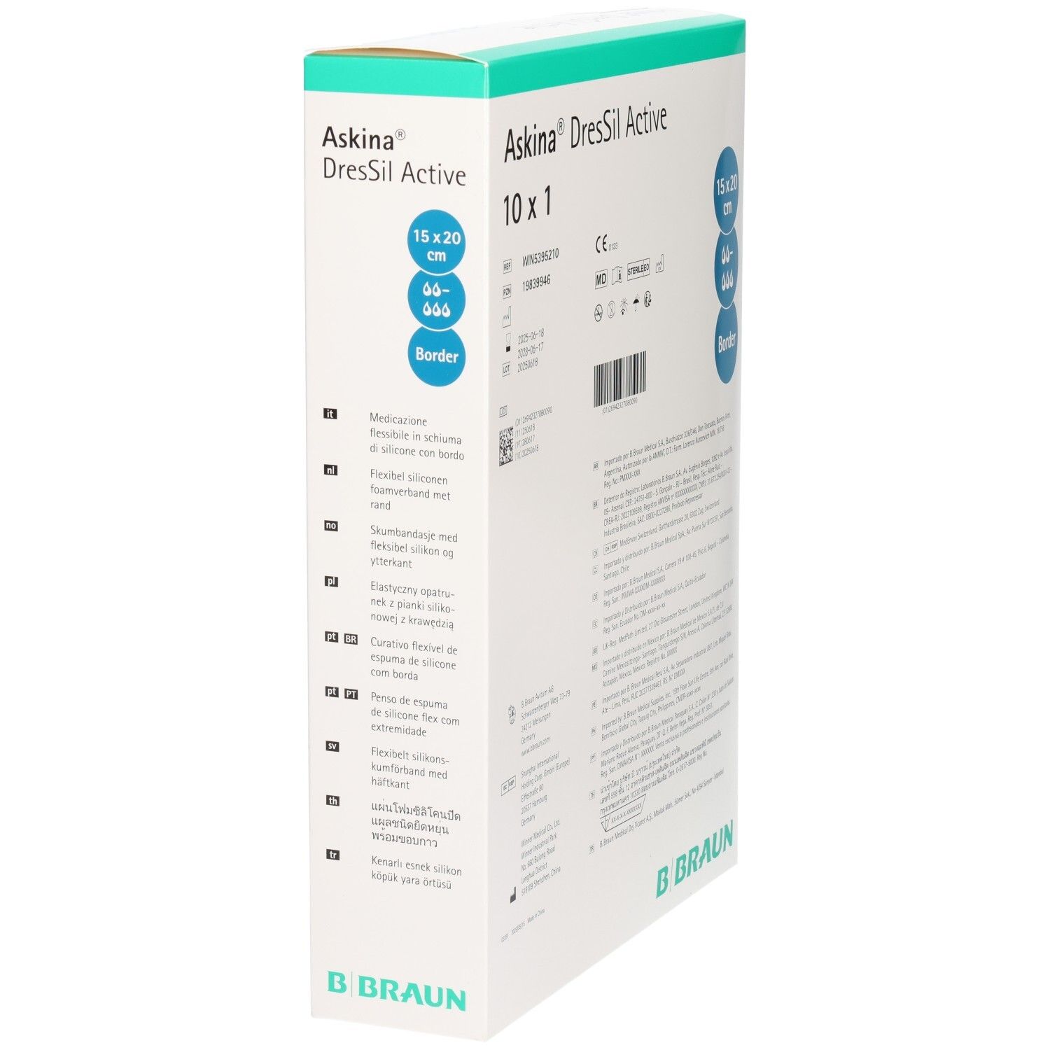 Askina DresSil Active Border Verpackung. Produktinformationen, CE-Kennzeichnung, B. Braun Logo.