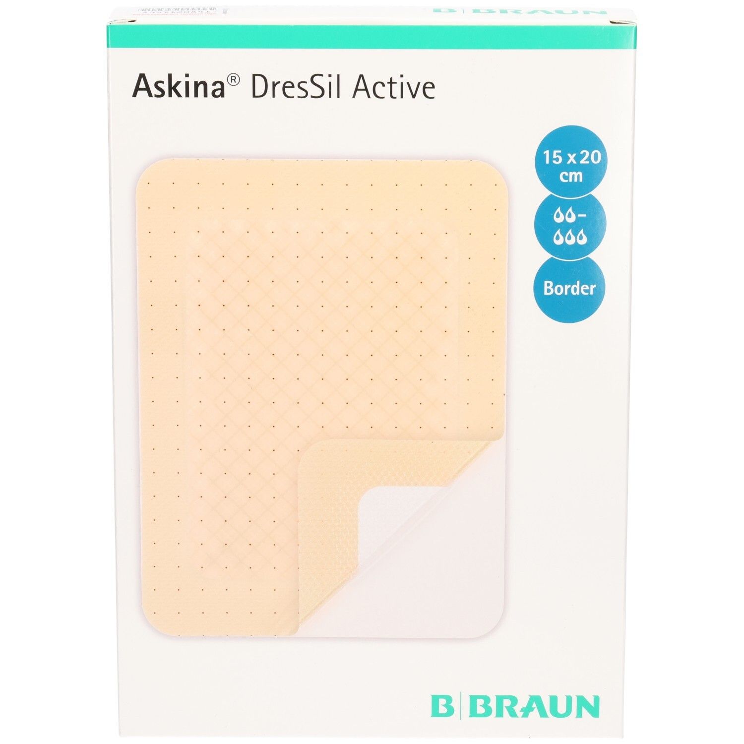 Askina DresSil Active Border Verpackung. Pflaster 15x20 cm sichtbar. B. Braun Logo.