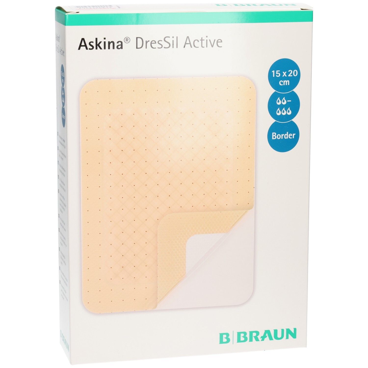 Askina DresSil Active Border Verpackung. Pflaster 15x20 cm sichtbar. B. Braun Logo.