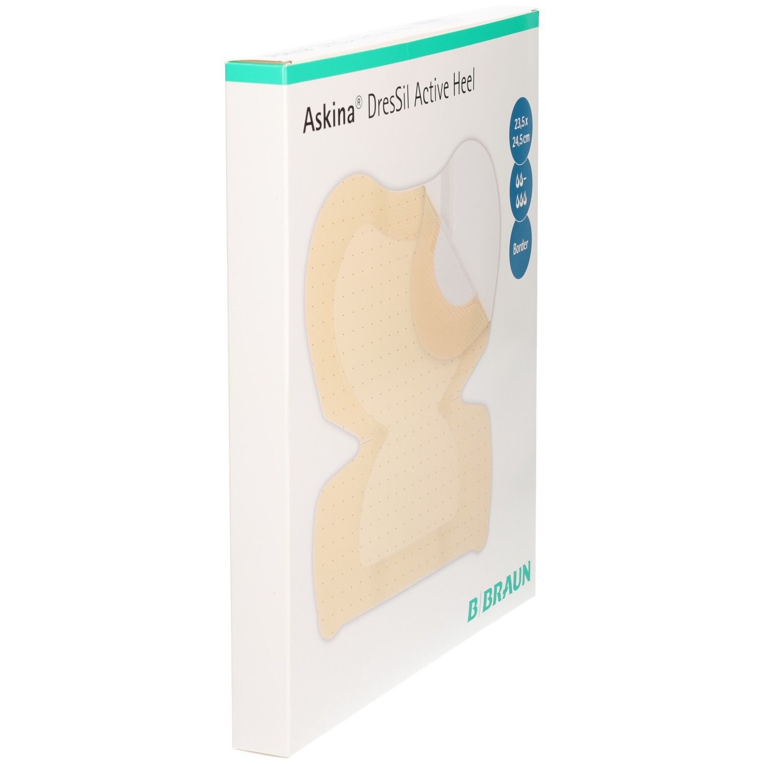 Seitenansicht der Verpackung von Askina DresSil Active Heel. Marke B. Braun.