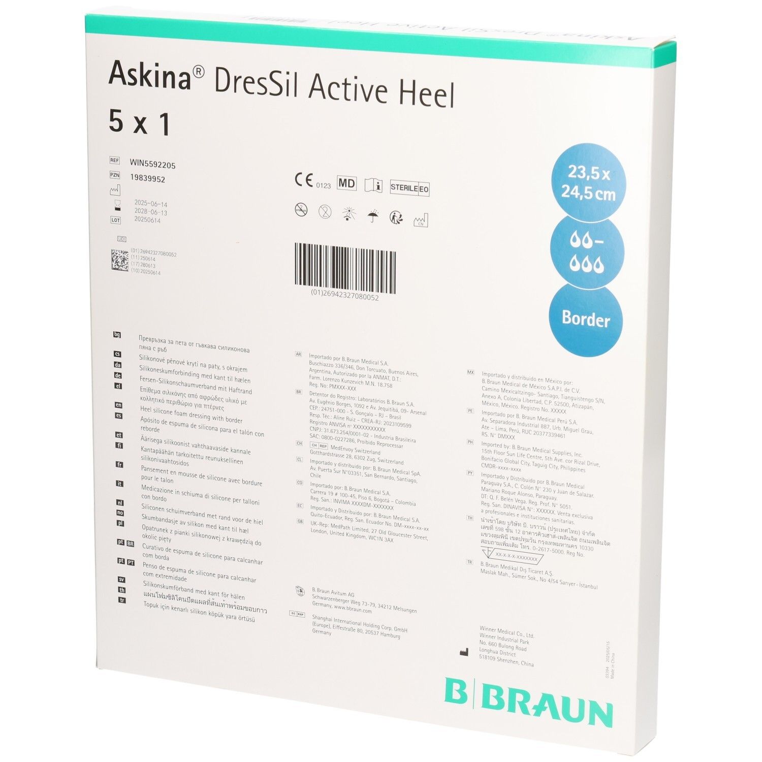 Verpackung von Askina DresSil Active Heel. Rückseite mit Text. Marke B. Braun.