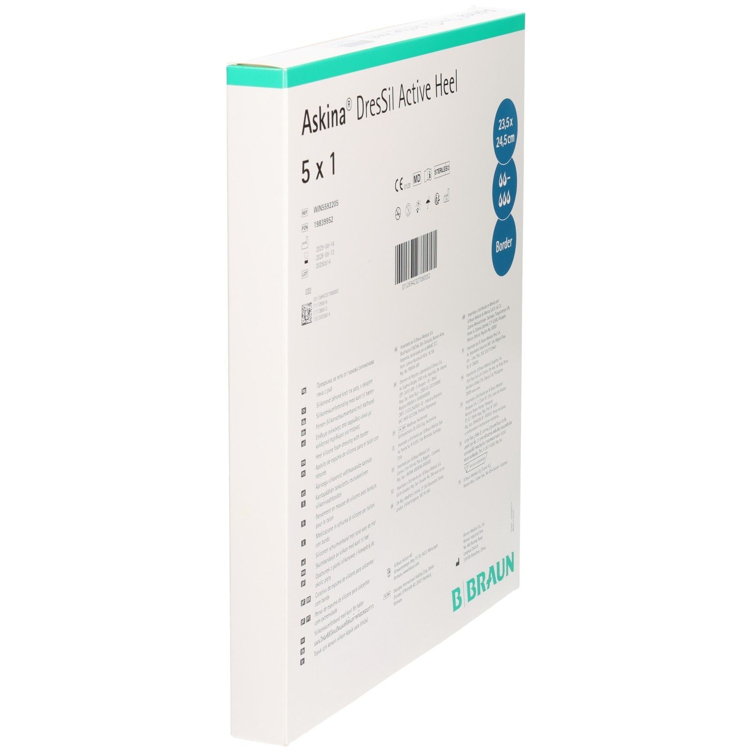 Seitenansicht der Verpackung von Askina DresSil Active Heel. Rückseite mit Text. Marke B. Braun.
