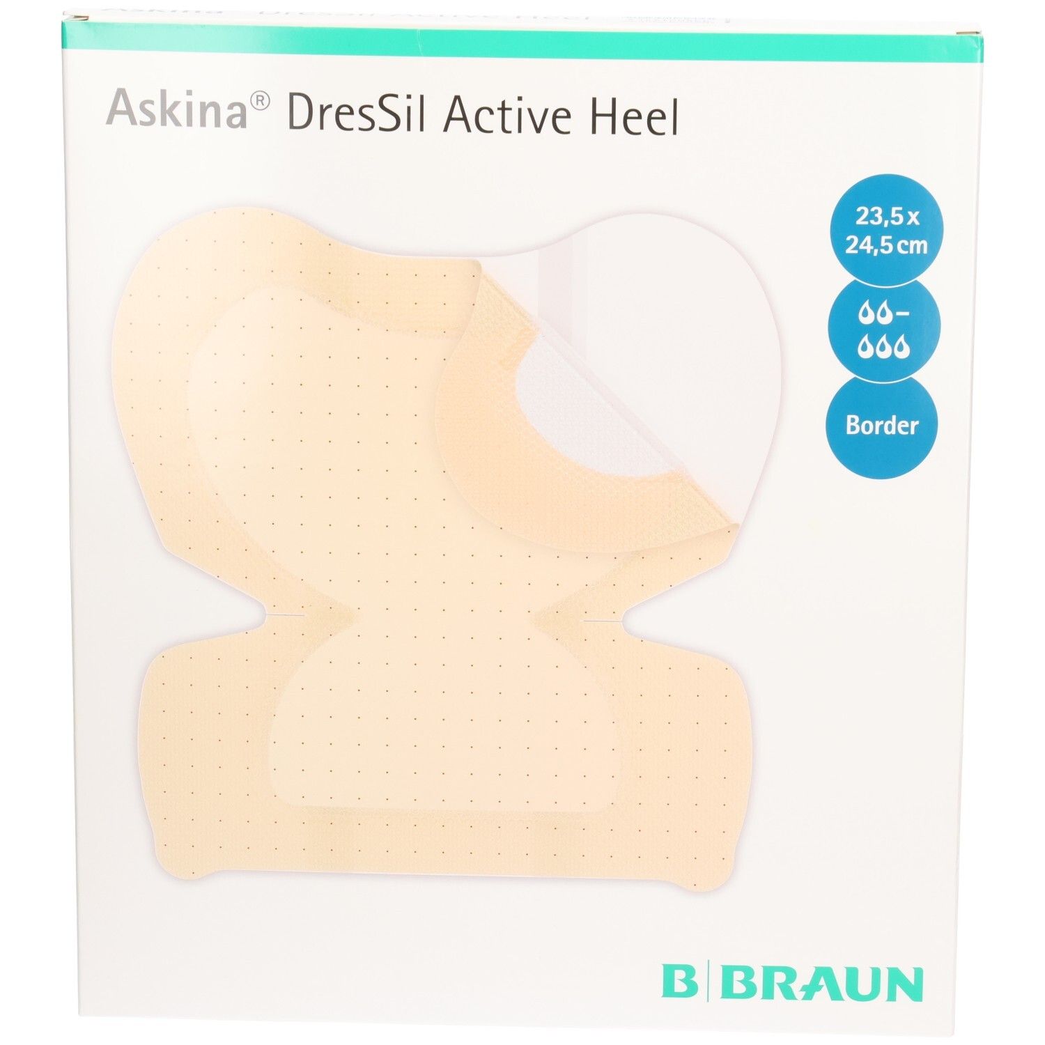 Verpackung von Askina DresSil Active Heel. Produkt mit Maßen 23,5x24,5cm. Marke B. Braun.