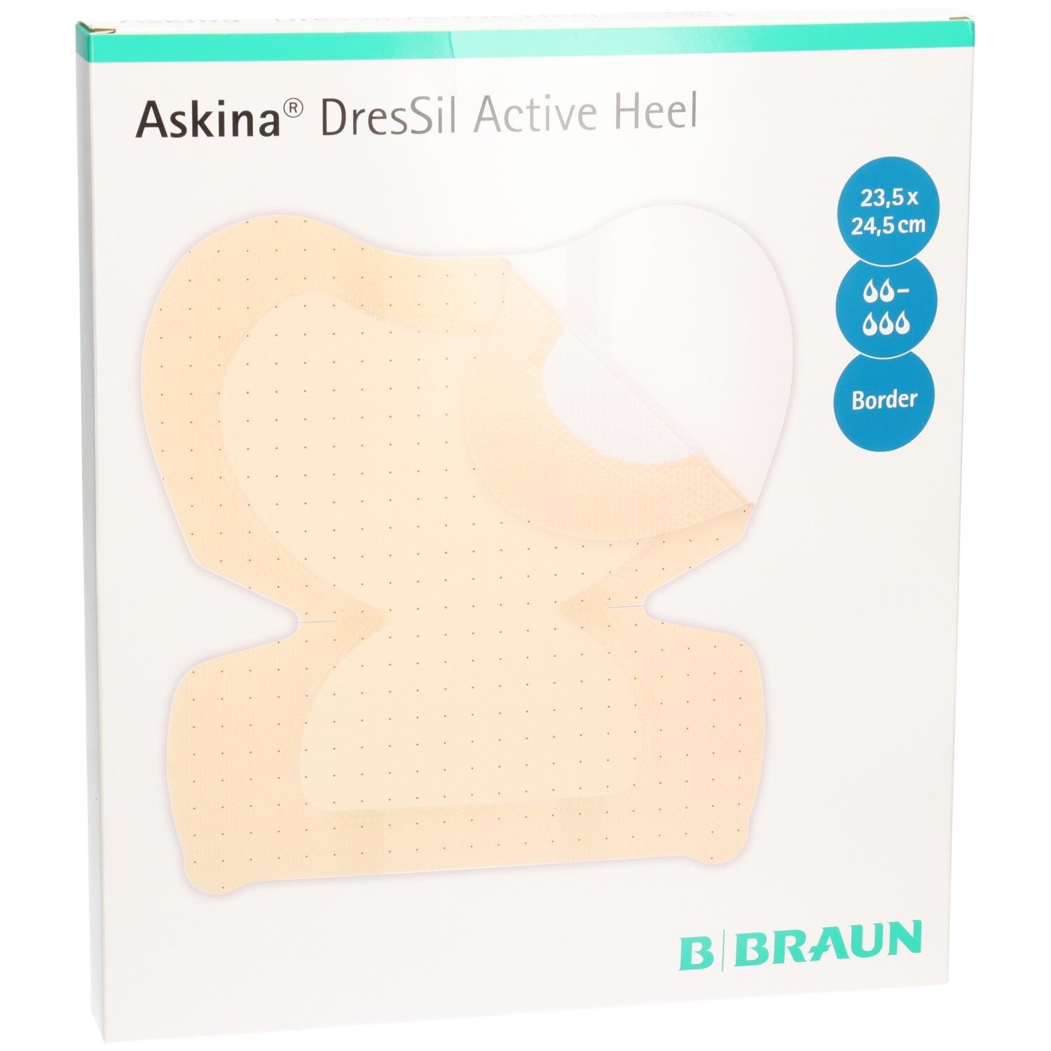 Verpackung von Askina DresSil Active Heel. Produkt mit Maßen 23,5x24,5cm. Marke B. Braun.