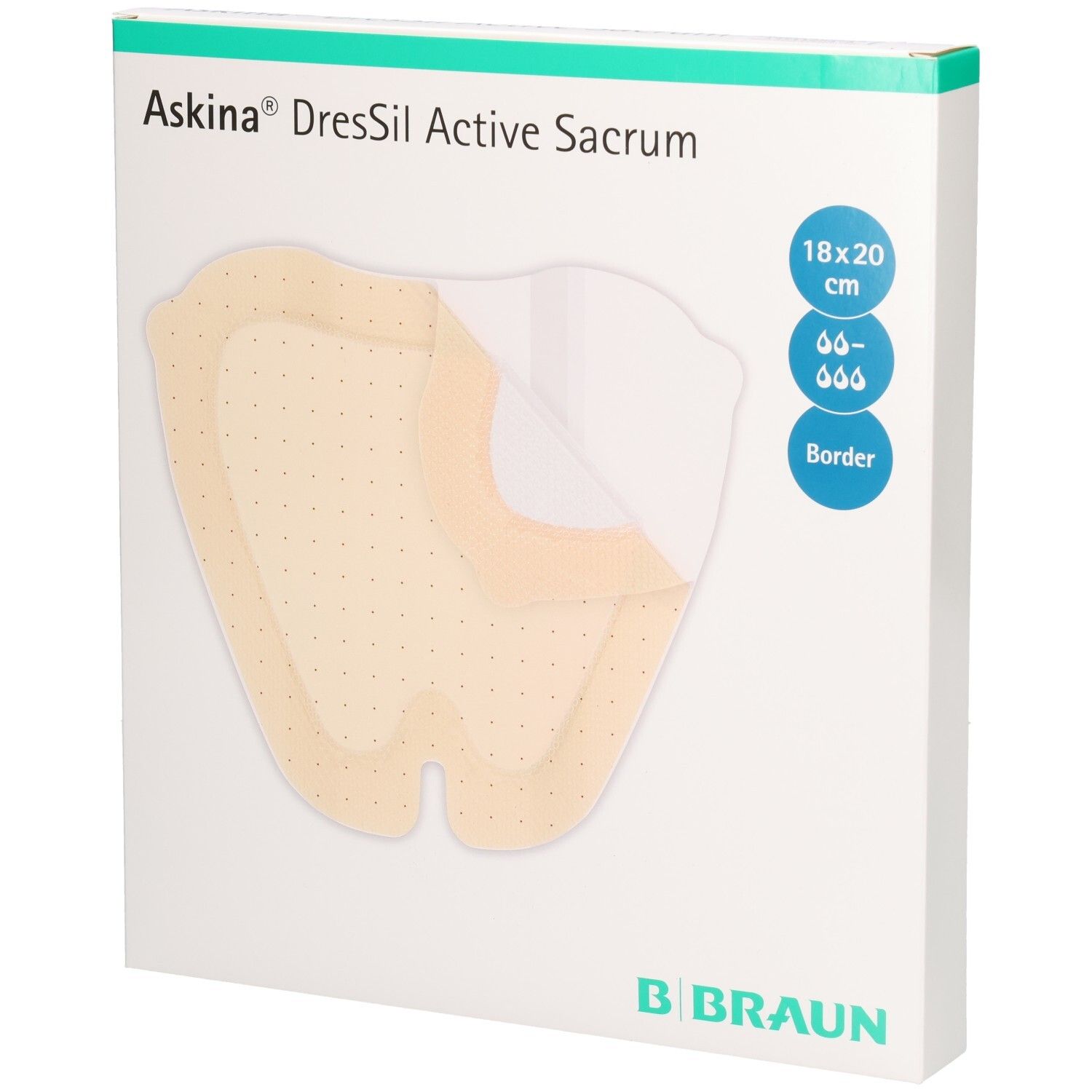 Verpackung von Askina DresSil Active Sacrum. Produkt mit 18x20 cm Größe. B. Braun Logo.
