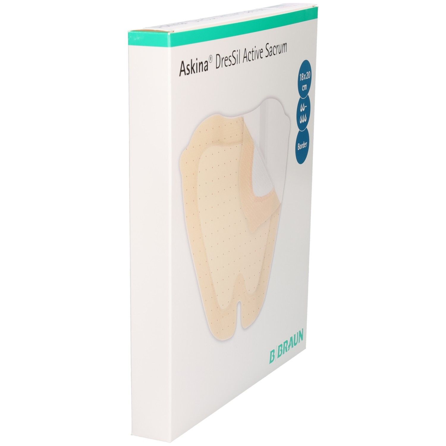 Verpackung von Askina DresSil Active Sacrum. Produkt von der Seite. B. Braun Logo.