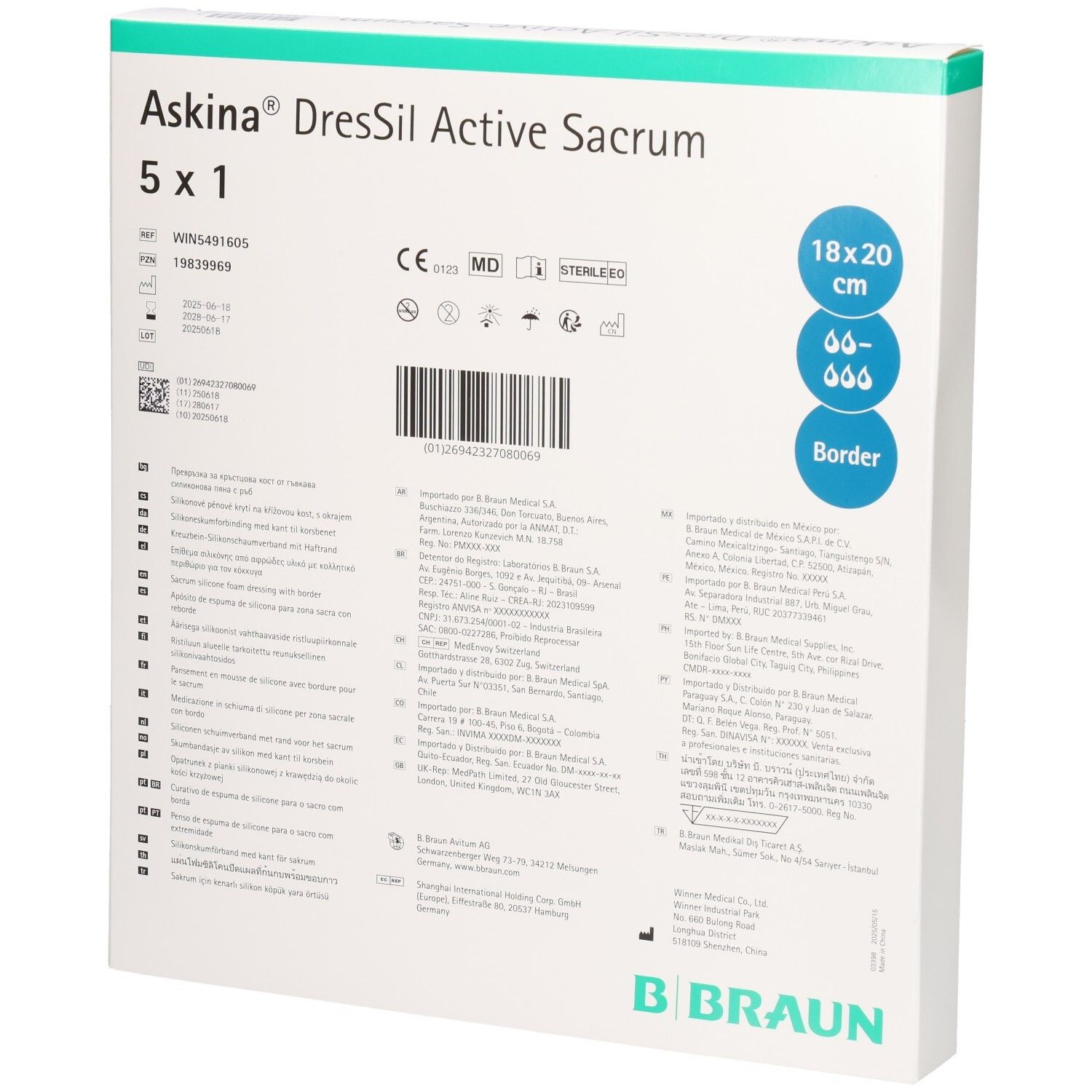 Verpackung von Askina DresSil Active Sacrum. Produkt mit 18x20 cm Größe. B. Braun Logo.