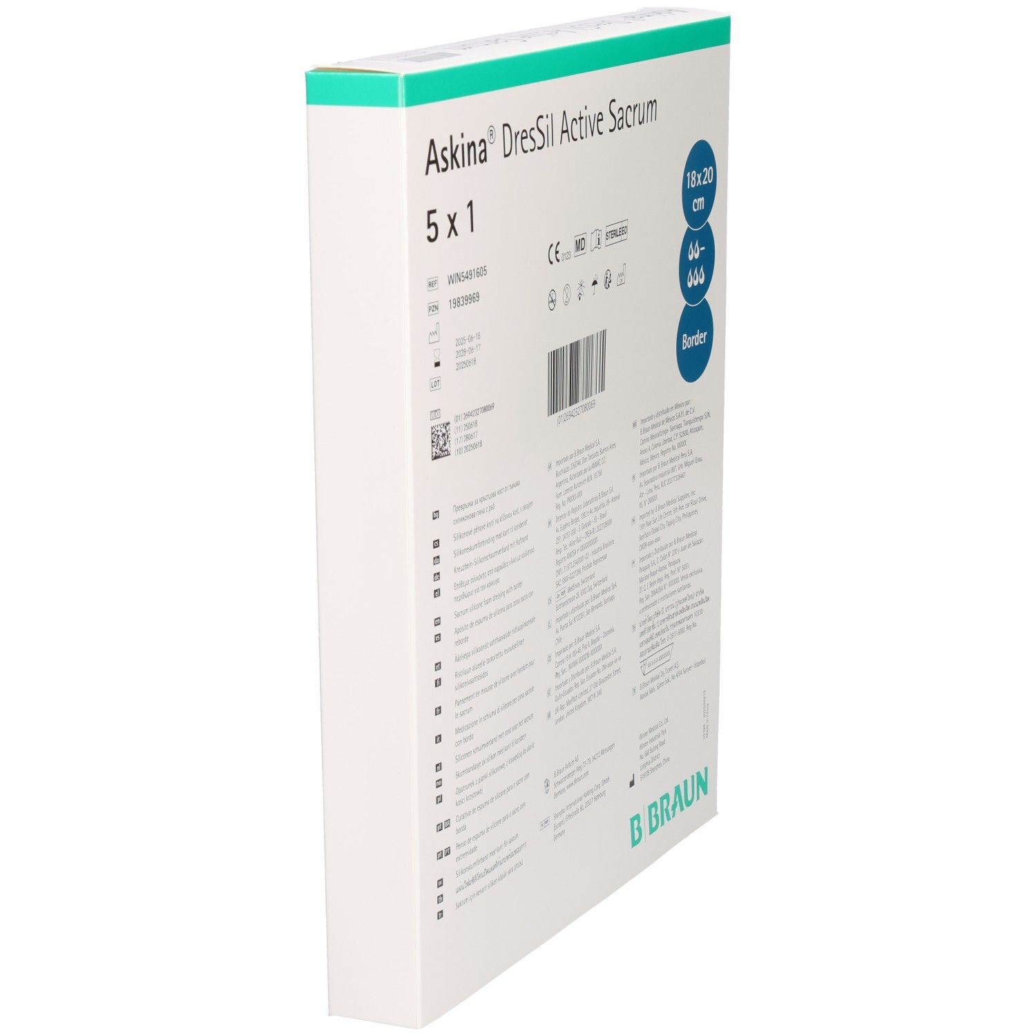 Verpackung von Askina DresSil Active Sacrum. Produkt von der Seite. B. Braun Logo.