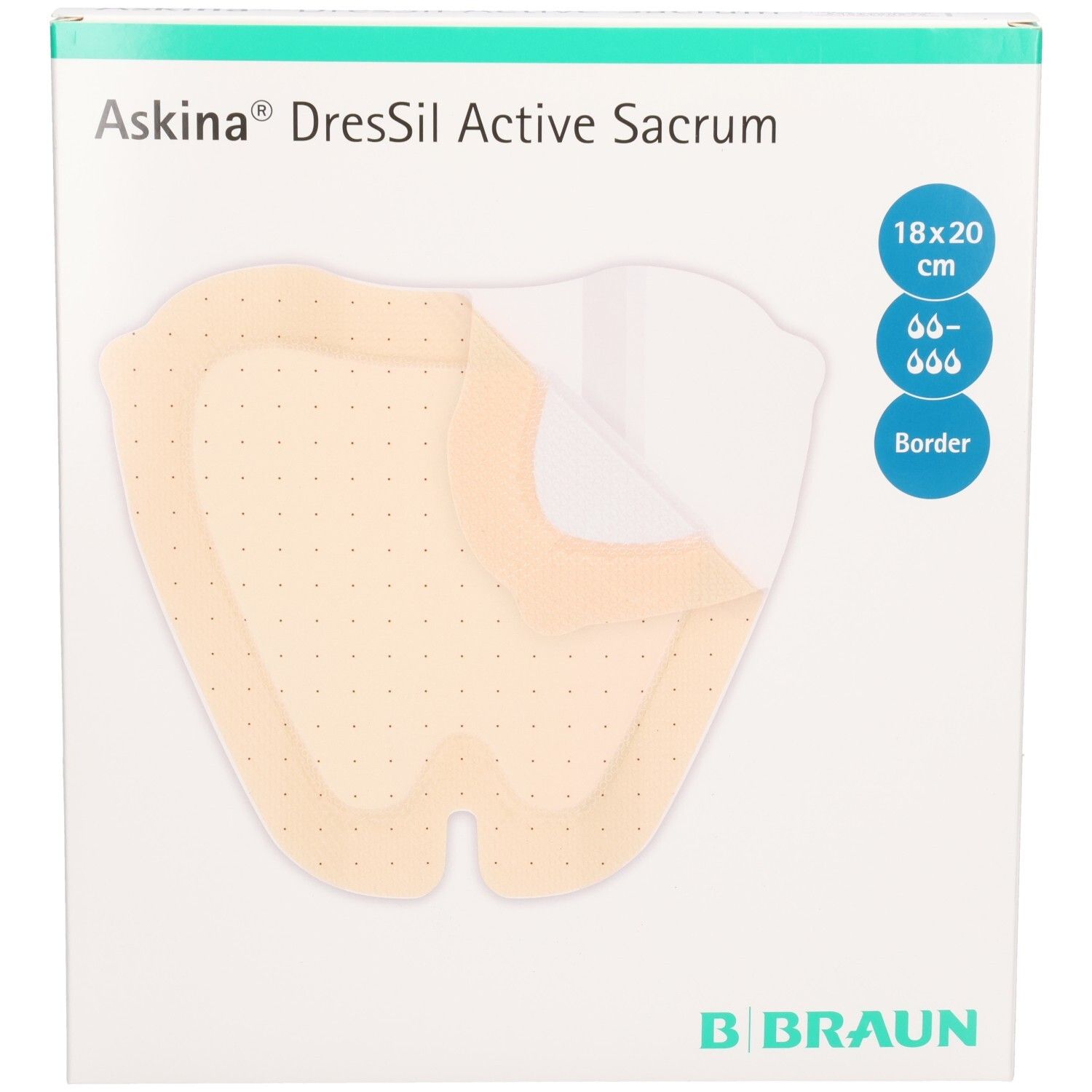 Verpackung von Askina DresSil Active Sacrum. Produkt mit 18x20 cm Größe. B. Braun Logo.