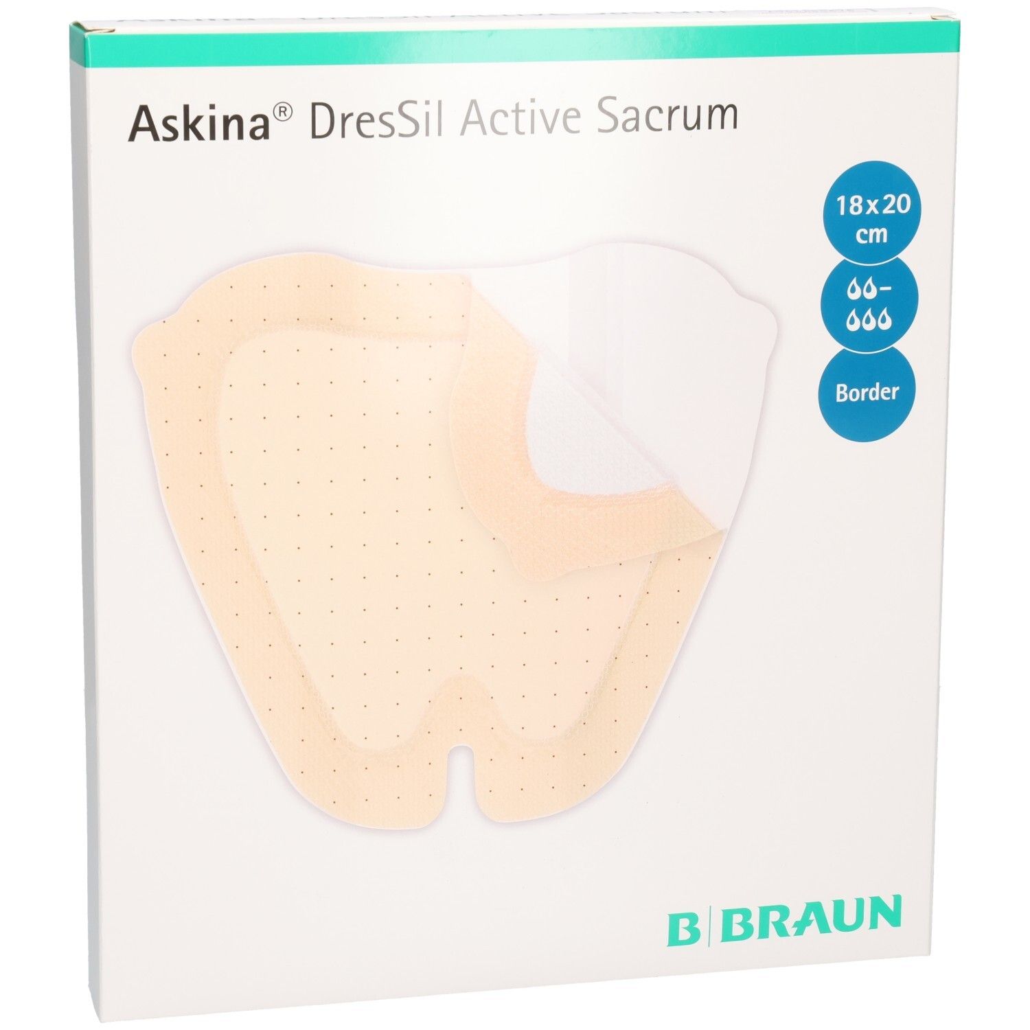 Verpackung von Askina DresSil Active Sacrum. Produkt mit 18x20 cm Größe. B. Braun Logo.