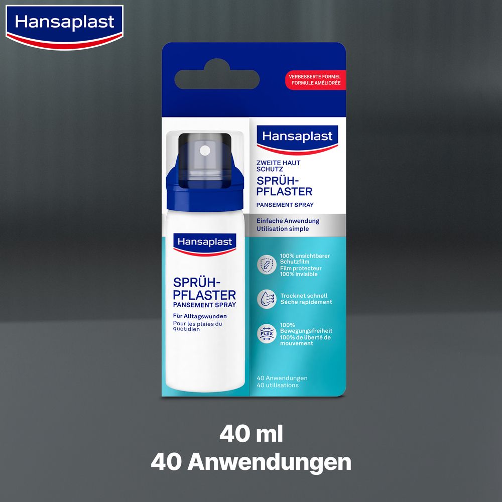 Hansaplast Sprüh-Pflaster Verpackung. Enthält 40 ml und 40 Anwendungen. Blaue und weiße Farbgebung.