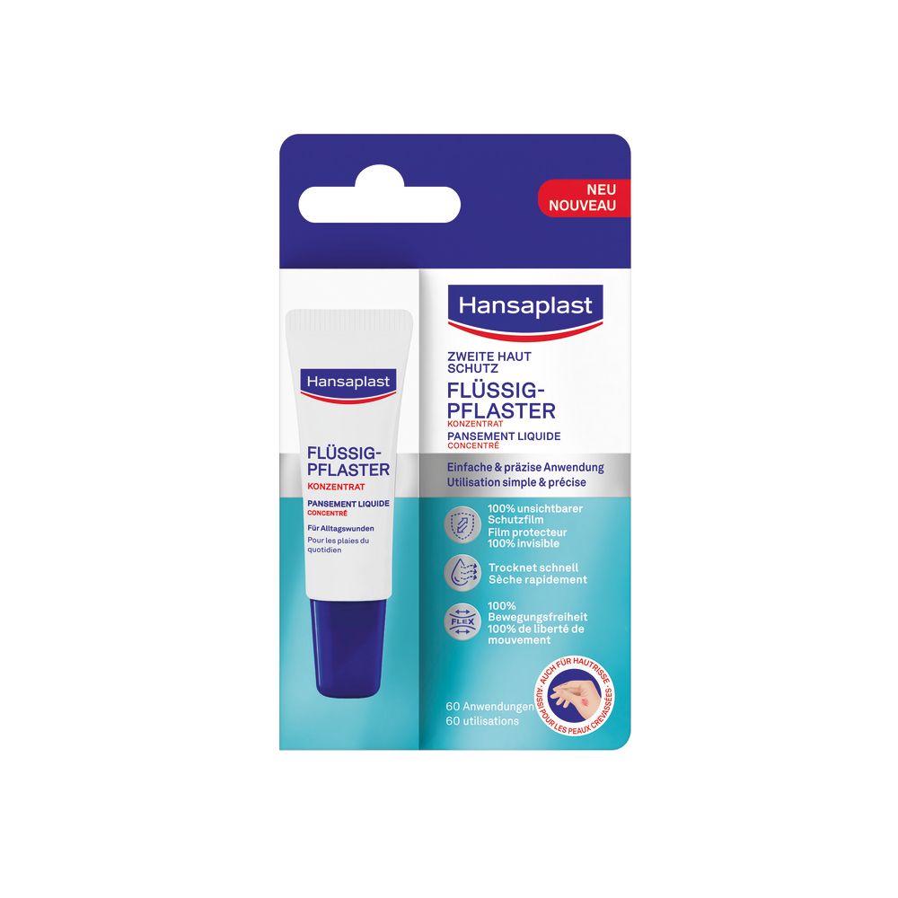 Verpackung mit Hansaplast Flüssig-Pflaster-Konzentrat. Tube und Verpackung zeigen Produktnamen und Eigenschaften.