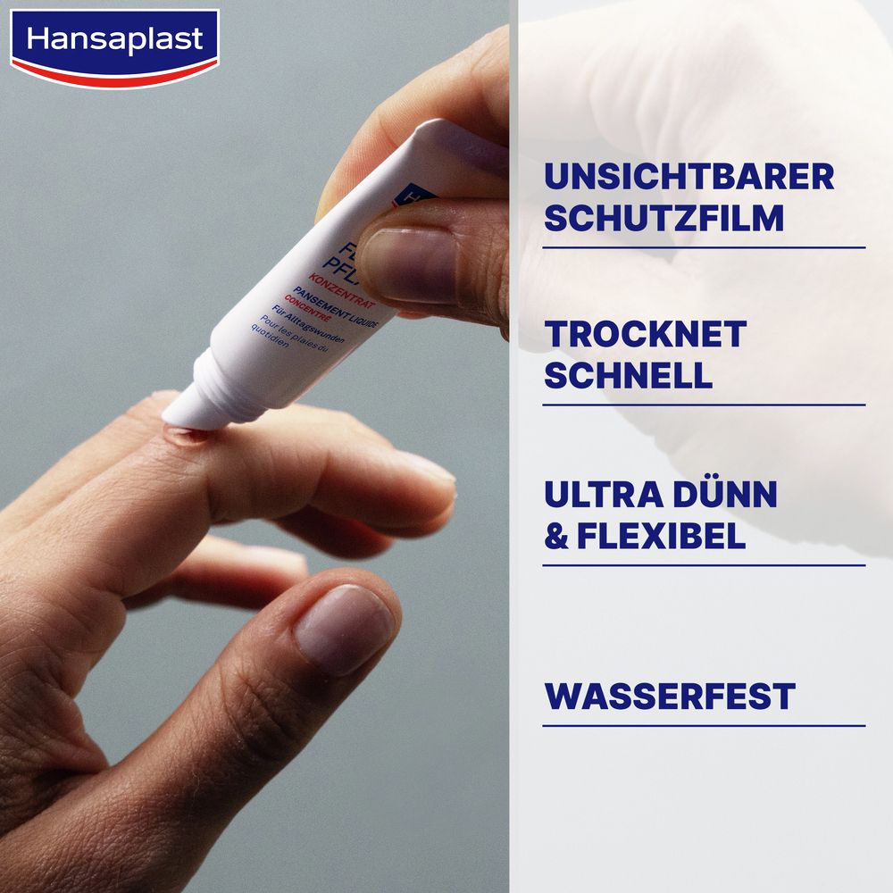 Hand mit aufgetragenem Flüssig-Pflaster. Text: Unsichtbarer Schutzfilm, trocknet schnell, ultra dünn & flexibel, wasserfest.