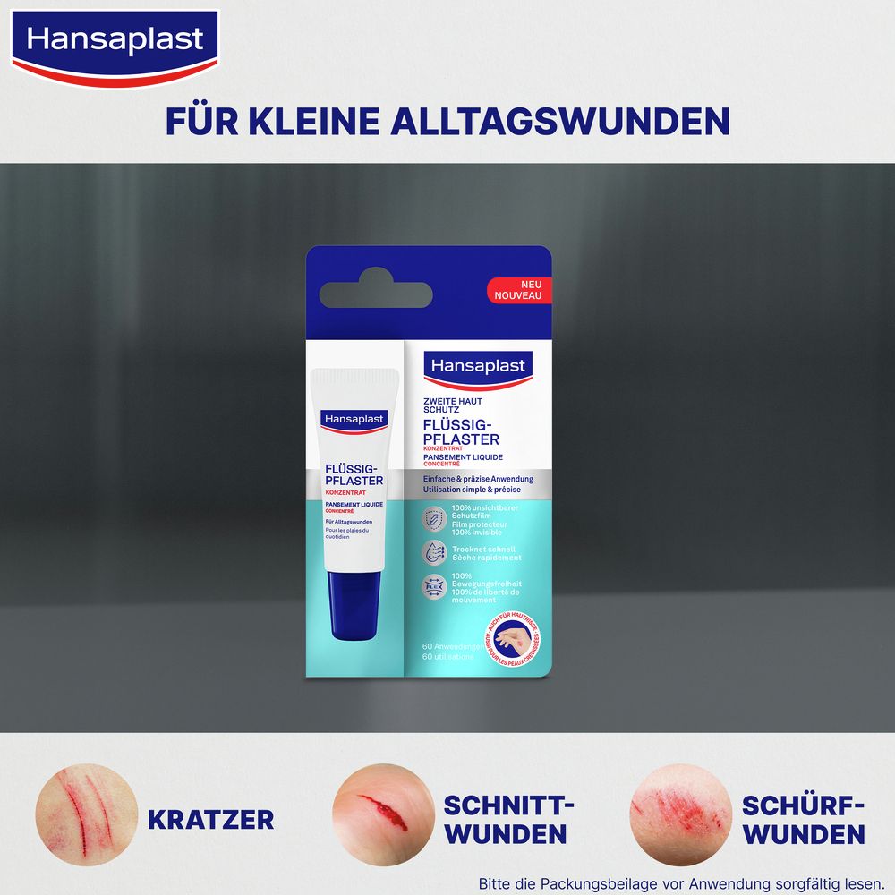 Verpackung mit Produkt und Abbildungen von Kratzern, Schnitt- und Schürfwunden. Text: Für kleine Alltagswunden.