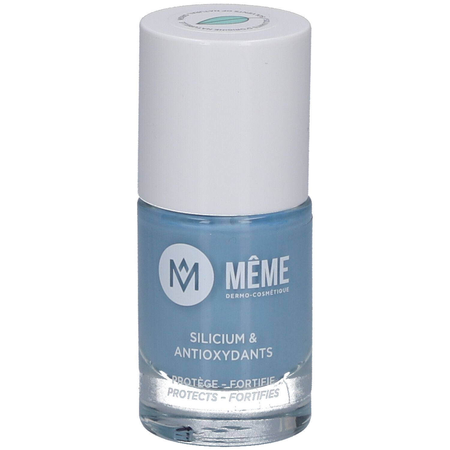 Hellblauer Nagellackflakon mit weißem Deckel. Aufschrift: MÊME, Silicium & Antioxidantien.