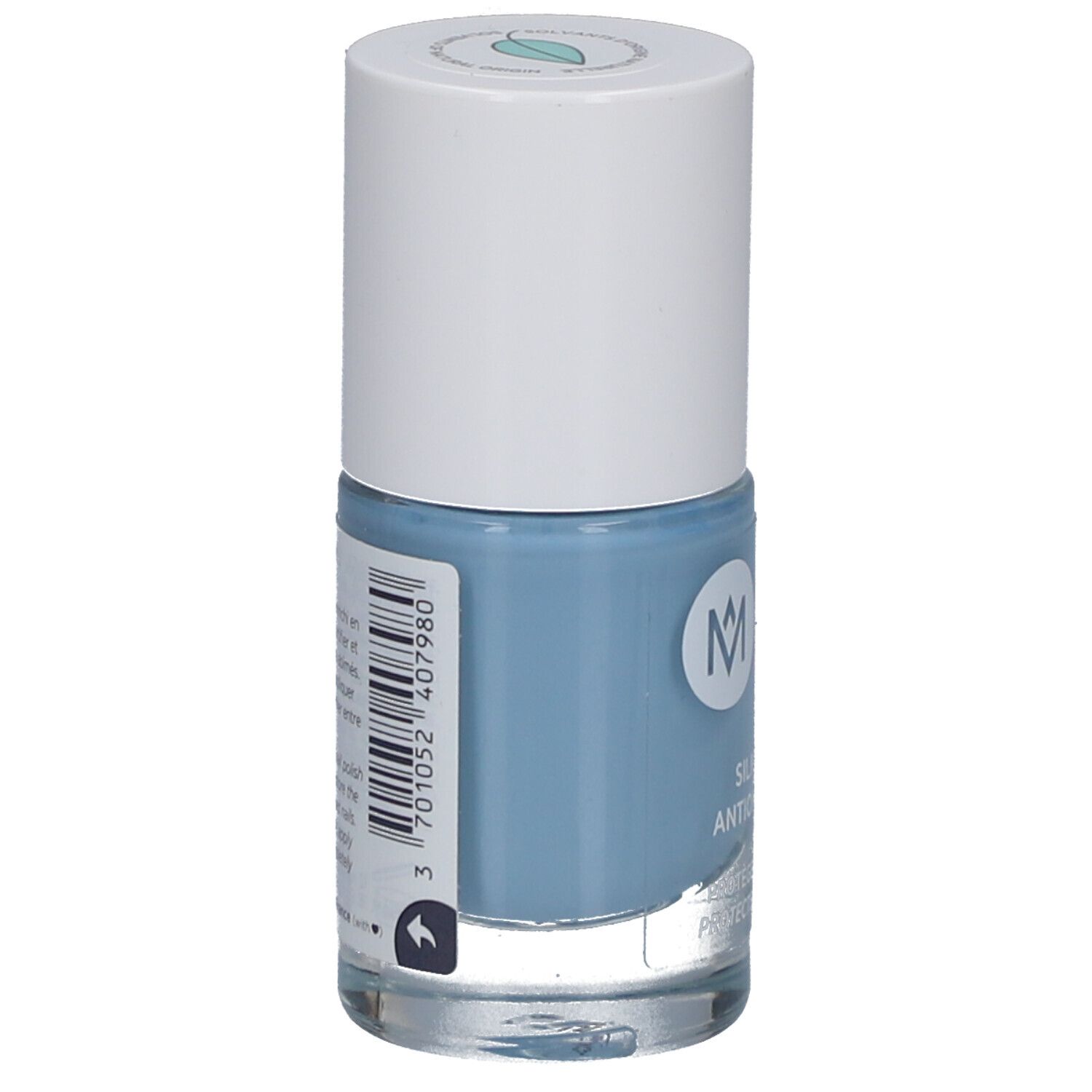 Nagellackflakon, hellblau. Auf der Rückseite Barcode und Produktinformationen. Aufschrift: MÊME.