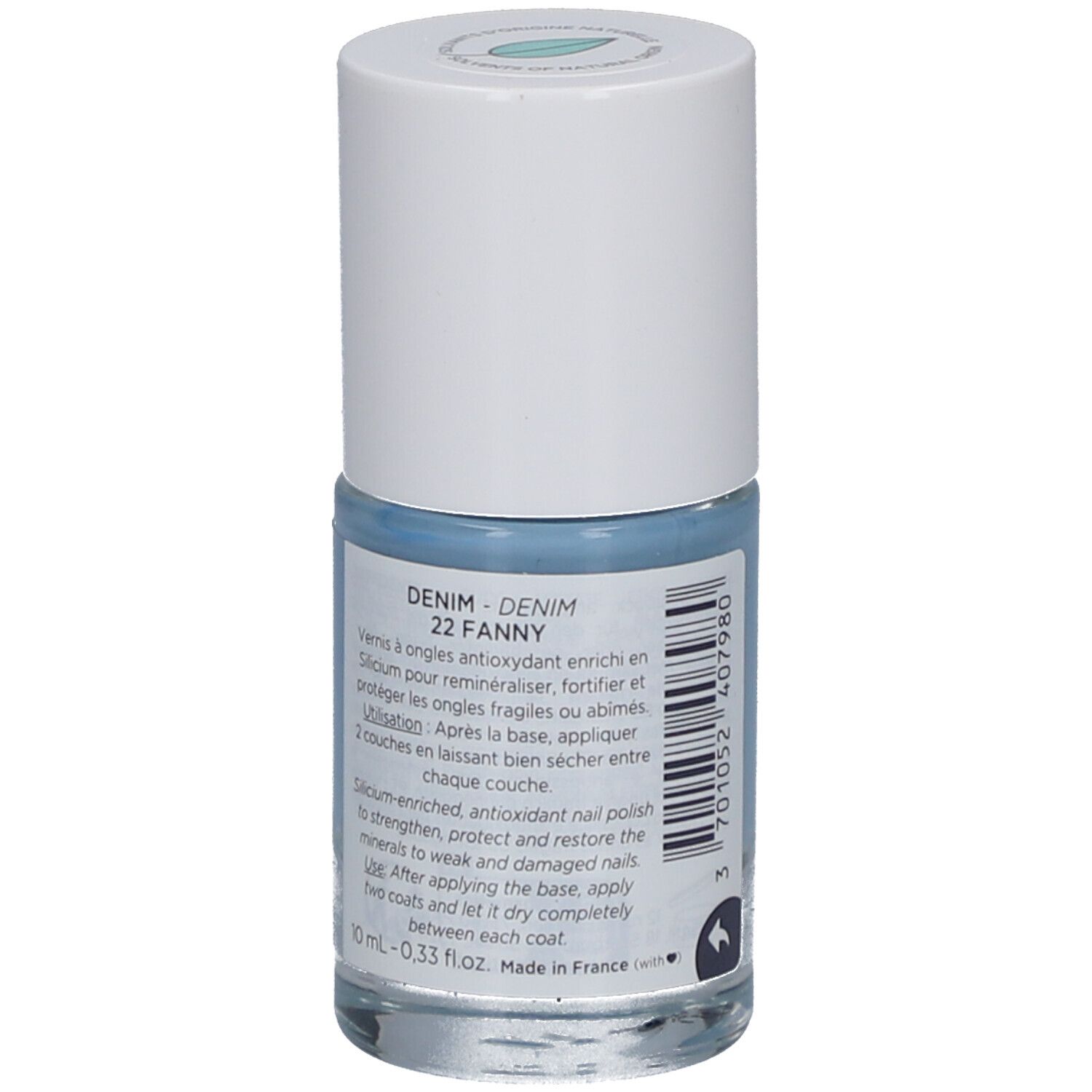 Nagellackflakon, hellblau. Aufschrift: DENIM 22 FANNY. Produktinformationen und Inhaltsstoffe.