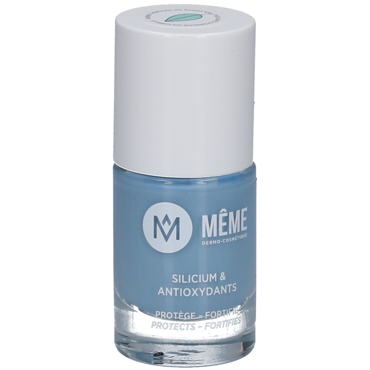 Hellblauer Nagellackflakon mit weißem Deckel. Aufschrift: MÊME, Silicium & Antioxidantien.