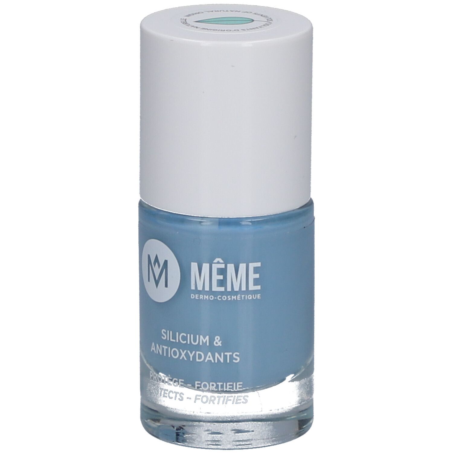 Hellblauer Nagellackflakon mit weißem Deckel. Aufschrift: MÊME, Silicium & Antioxidantien.