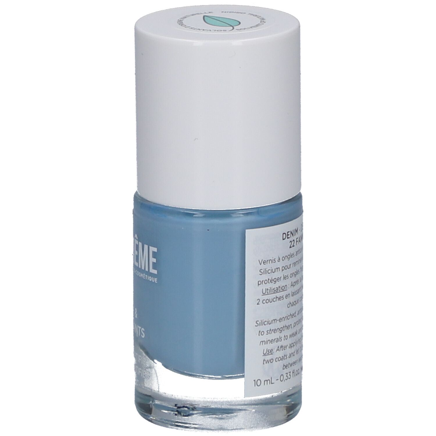 Nagellackflakon, hellblau. Aufschrift: MÊME, DENIM 22 FANNY. Produktinformationen und Inhaltsstoffe.