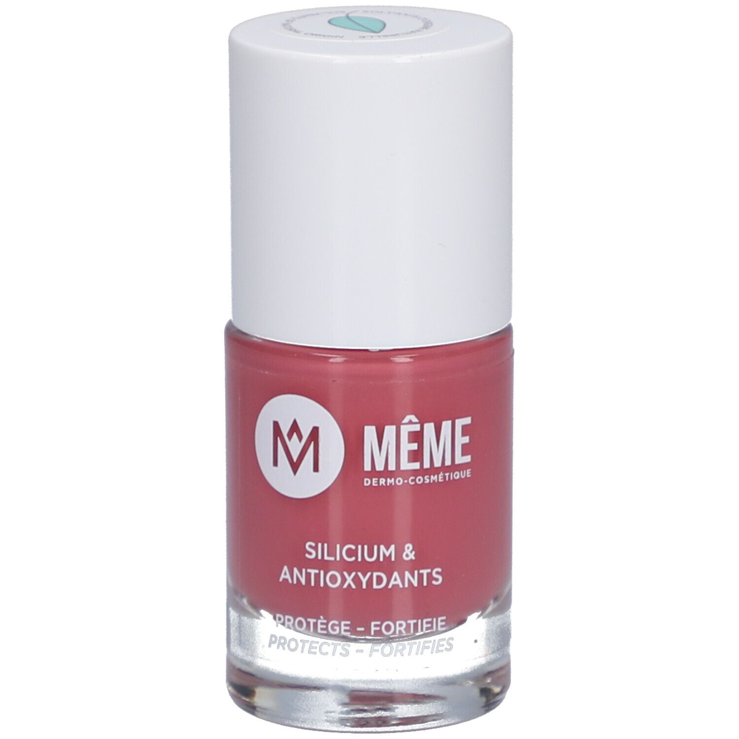 Nagellackflasche, rosa. Weißer Deckel, Logo und Schriftzug: MEME, Silicium & Antioxidantien.