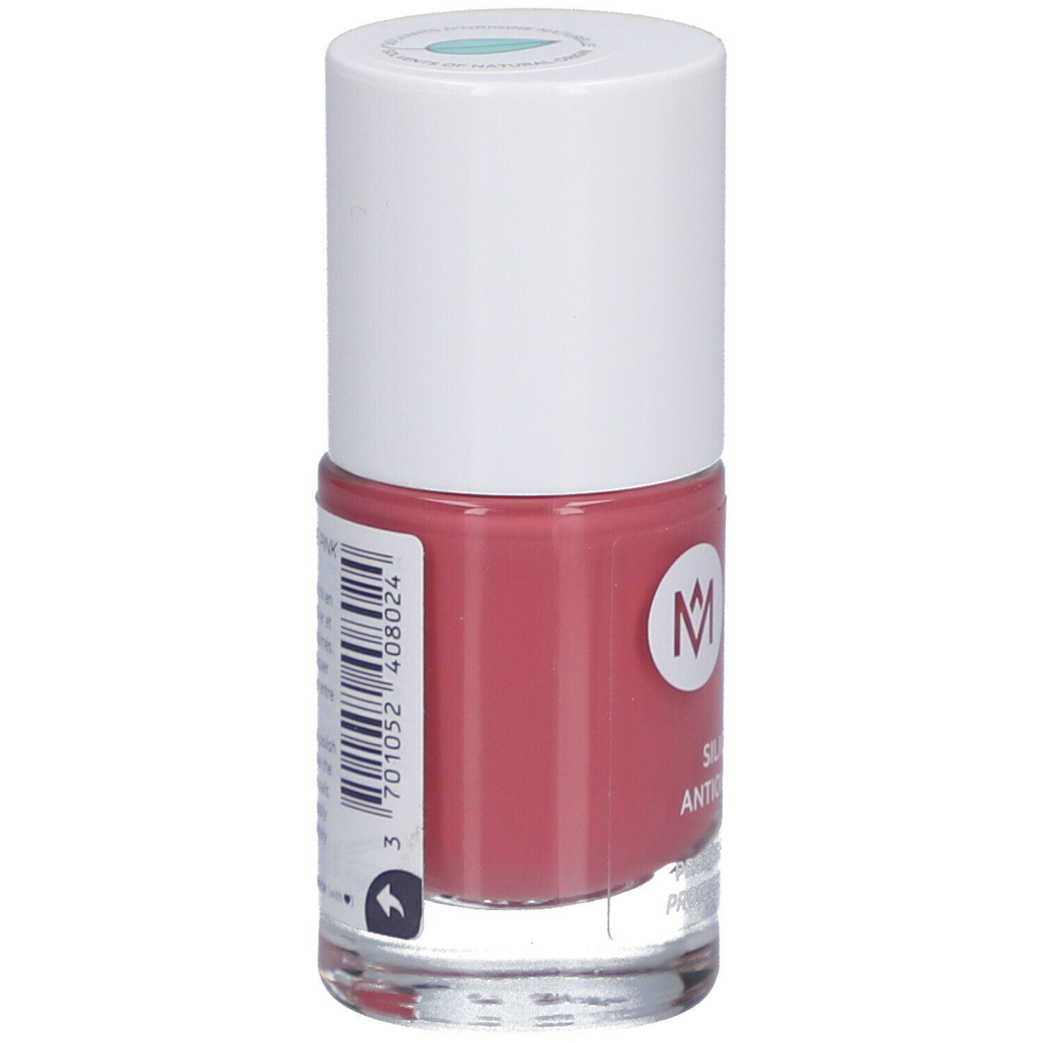 Nagellackflasche, rosa. Weißer Deckel, Logo und Schriftzug: MEME, Silicium & Antioxidantien.