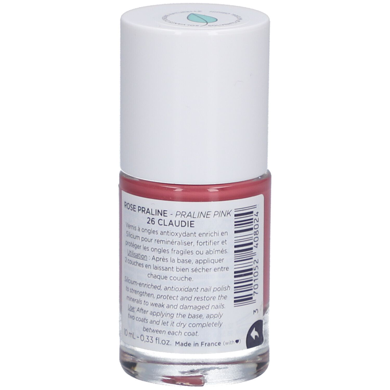 Nagellackflasche, rosa. Rückseite mit Text: Rose Praline 26 Claudie. Barcode und Text.