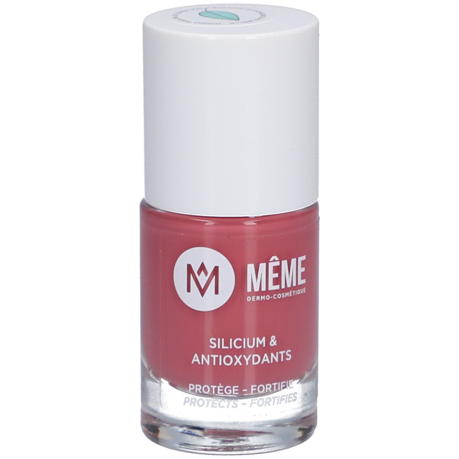 Nagellackflasche, rosa. Weißer Deckel, Logo und Schriftzug: MEME, Silicium & Antioxidantien.