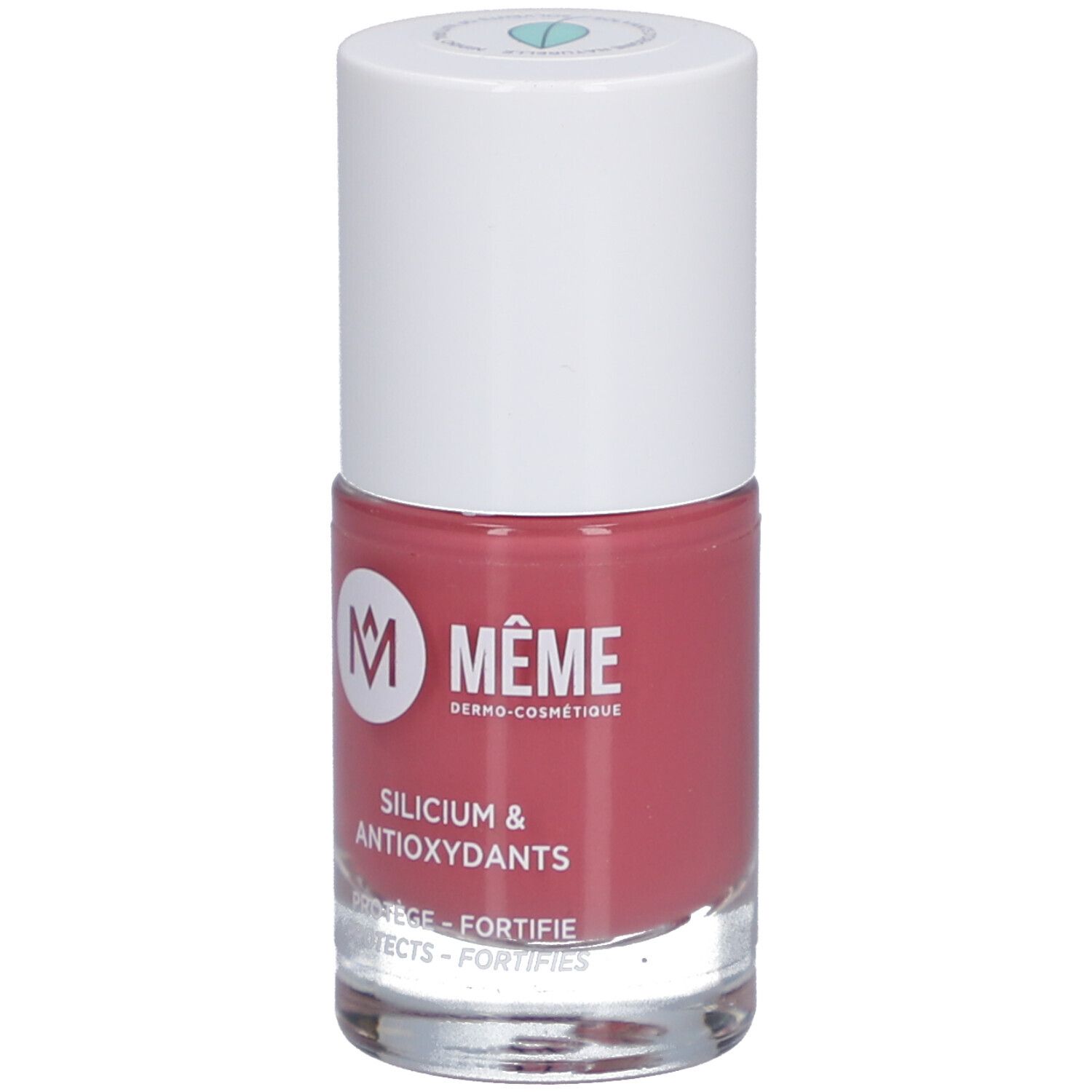 Nagellackflasche, rosa. Weißer Deckel, Logo und Schriftzug: MEME, Silicium & Antioxidantien.