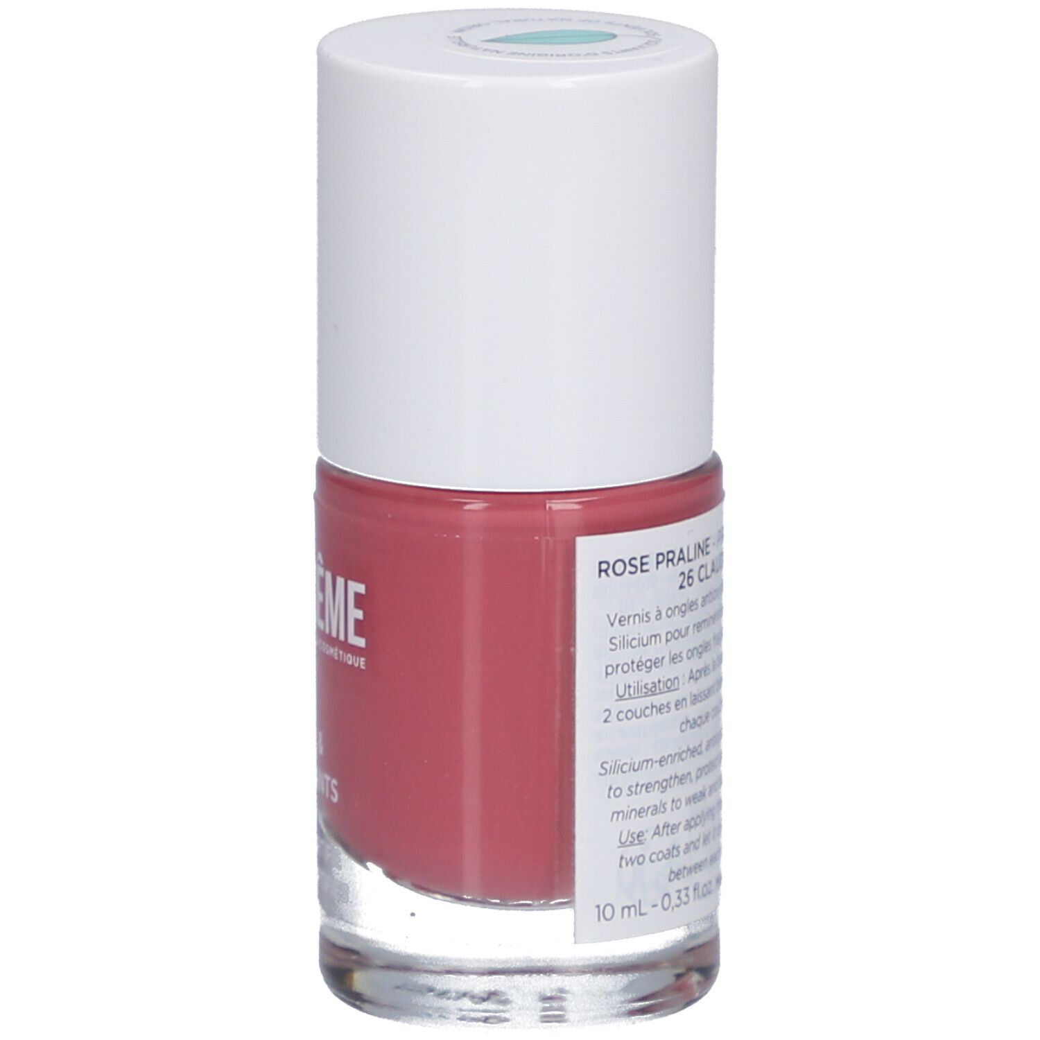 Nagellackflasche, rosa. Rückseite mit Text: Rose Praline 26 Claudie. Logo MEME.