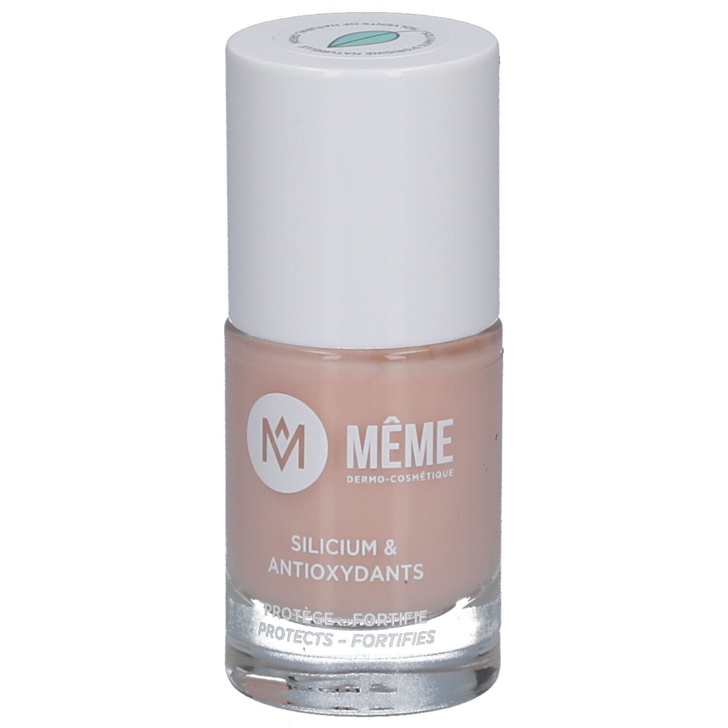 Nagellackflasche, rosa, mit weißem Deckel. Aufschrift: MÊME, Silicium & Antioxidantien.