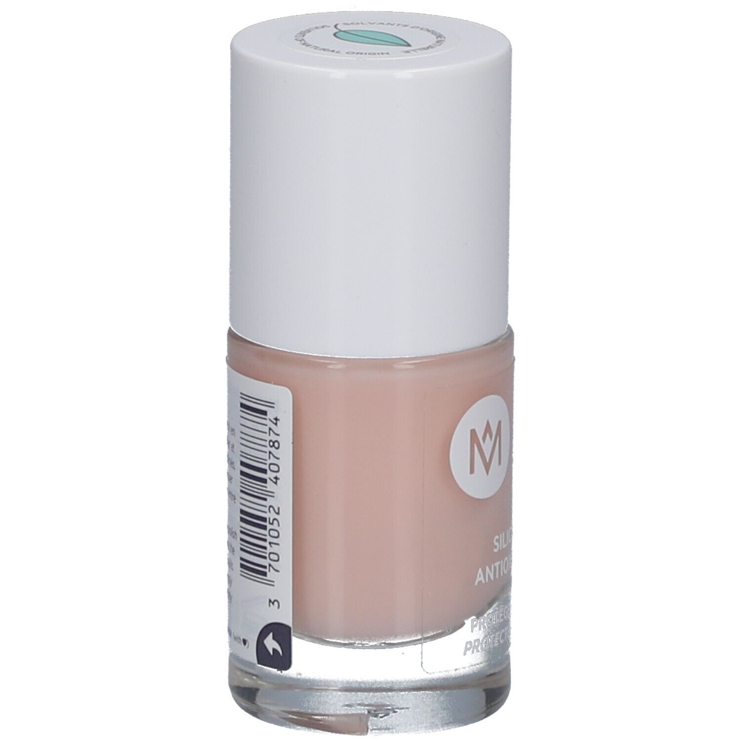Nagellackflasche, rosa, mit weißem Deckel. Auf der Rückseite Barcode und Produktinformationen.
