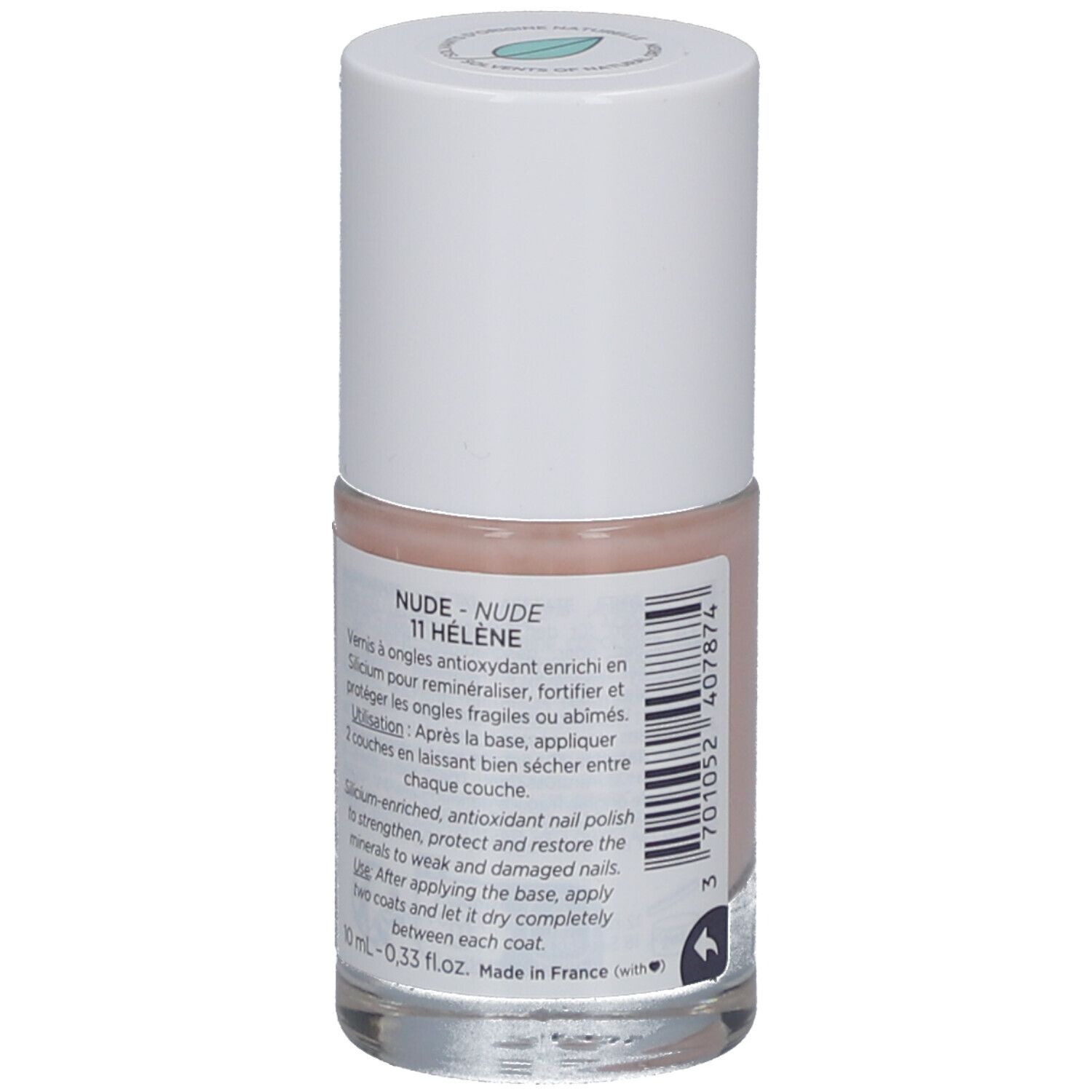 Nagellackflasche, rosa, mit weißem Deckel. Aufschrift: Nude 11 Hélène. Produktinformationen auf Französisch und Englisch.