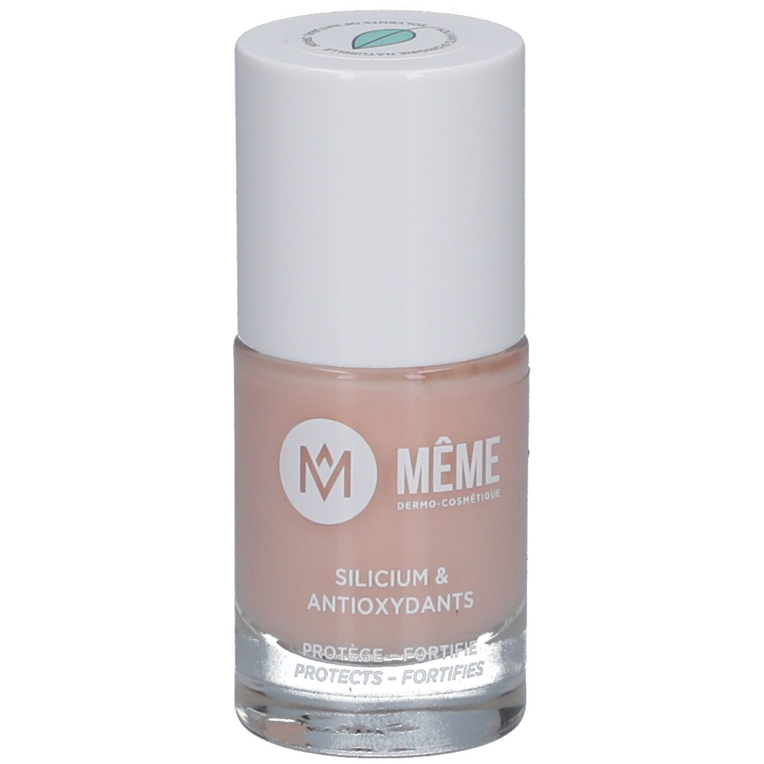 Nagellackflasche, rosa, mit weißem Deckel. Aufschrift: MÊME, Silicium & Antioxidantien.