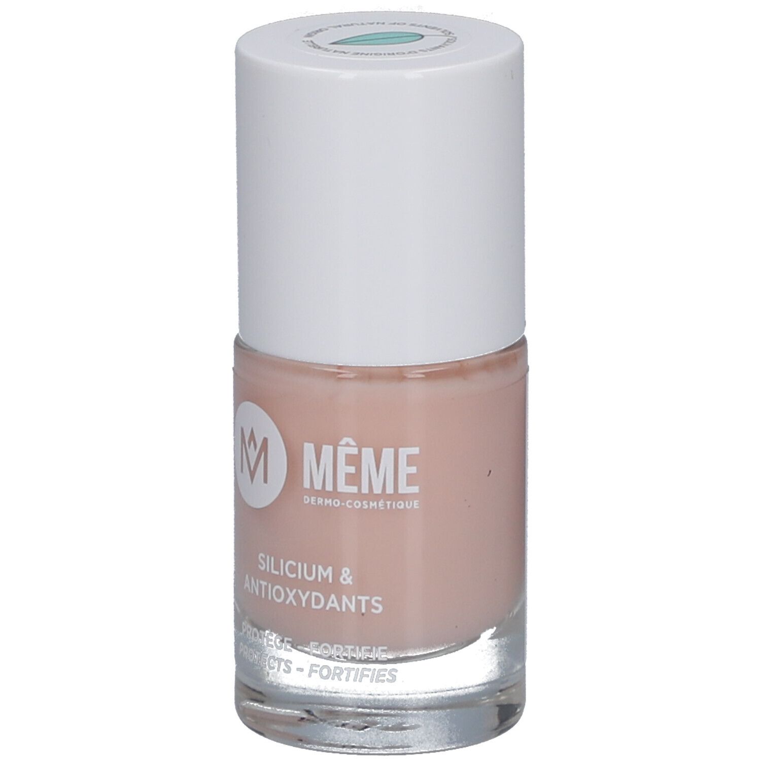 Nagellackflasche, rosa, mit weißem Deckel. Aufschrift: MÊME, Silicium & Antioxidantien.