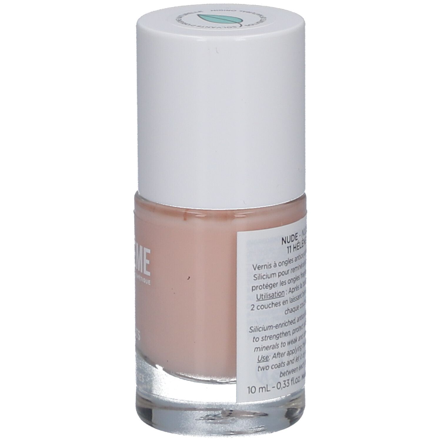 Nagellackflasche, rosa, mit weißem Deckel. Aufschrift: Nude 11 Hélène. Produktinformationen auf Französisch und Englisch.