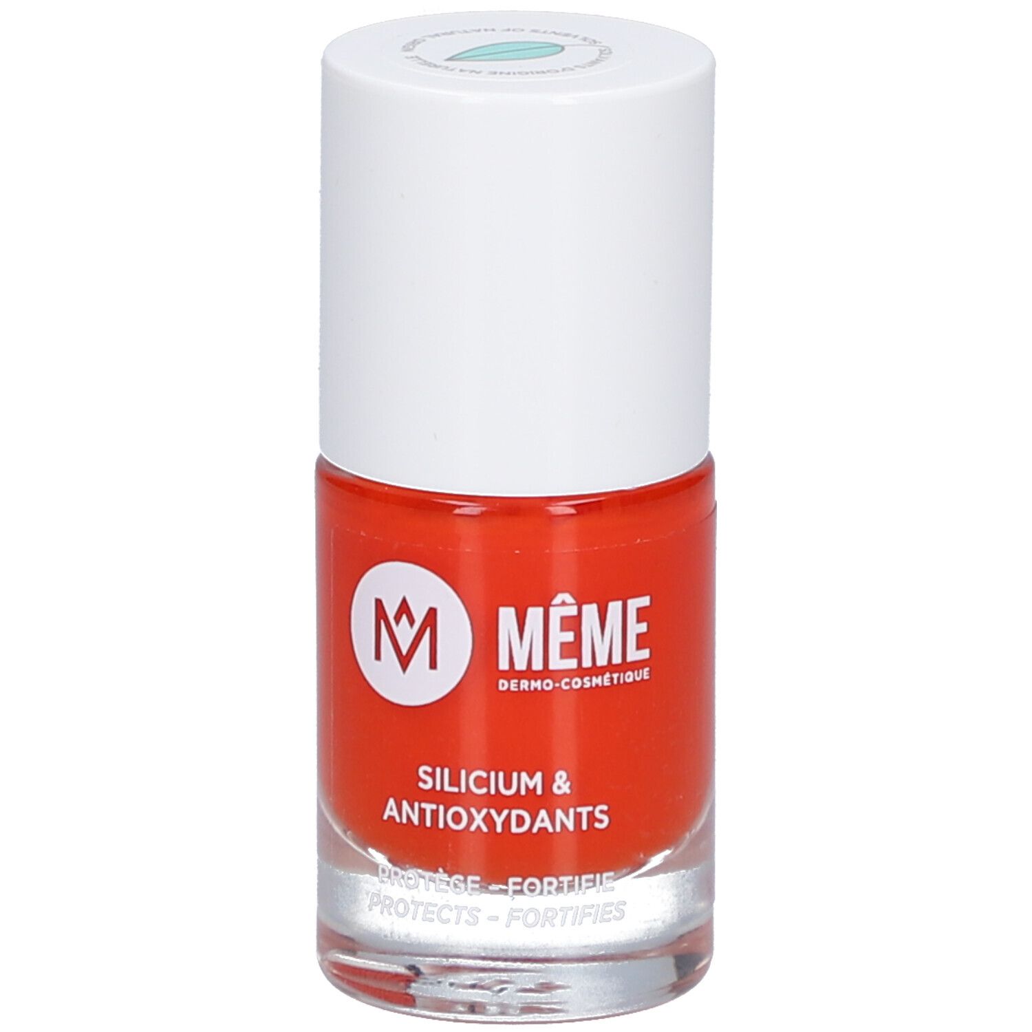 Nagellackflasche, rot. Weißer Deckel. Logo und Schriftzug: MÊME, Silicium & Antioxidantien.
