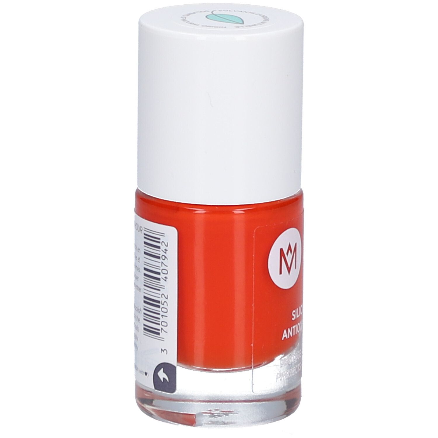 Nagellackflasche, rot. Weißer Deckel. Rückseite mit Barcode und Text.