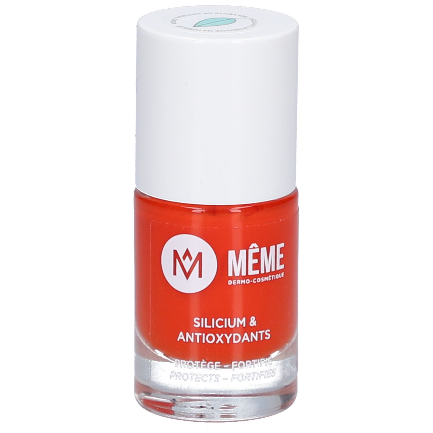 Nagellackflasche, rot. Weißer Deckel. Logo und Schriftzug: MÊME, Silicium & Antioxidantien.