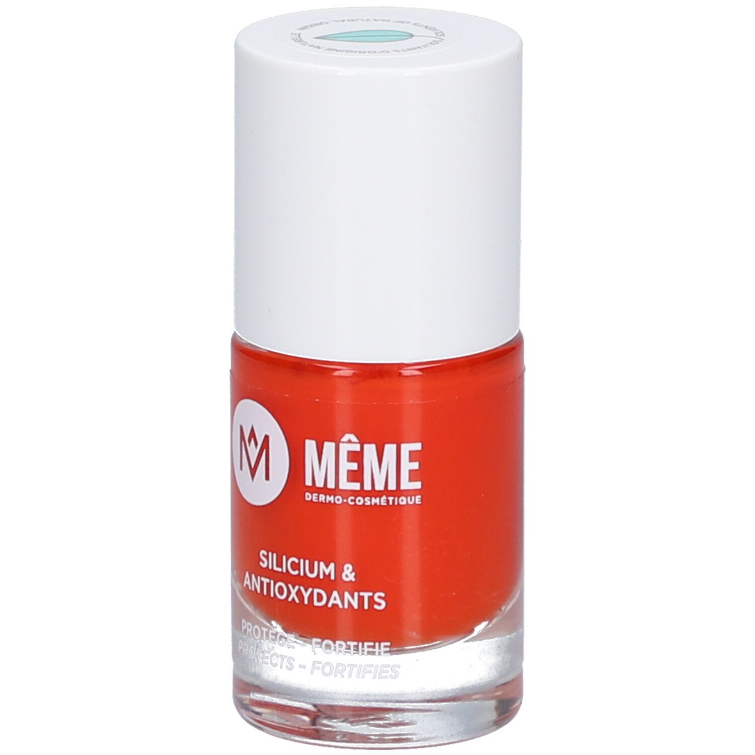 Nagellackflasche, rot. Weißer Deckel. Logo und Schriftzug: MÊME, Silicium & Antioxidantien.