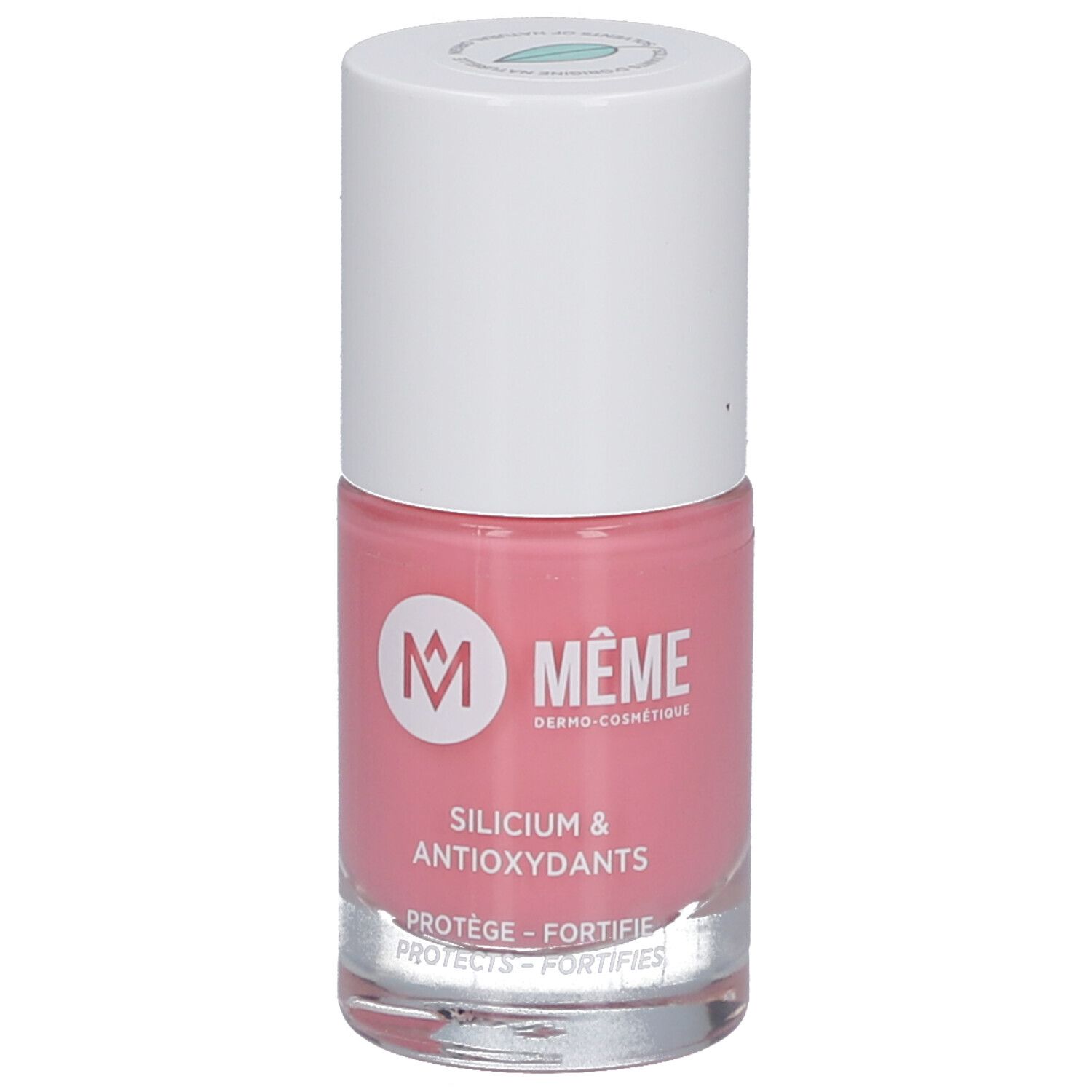 Nagellackflasche, rosa. Weißer Deckel. Aufschrift: MÊME, Silicium & Antioxidantien. Schützt, stärkt.