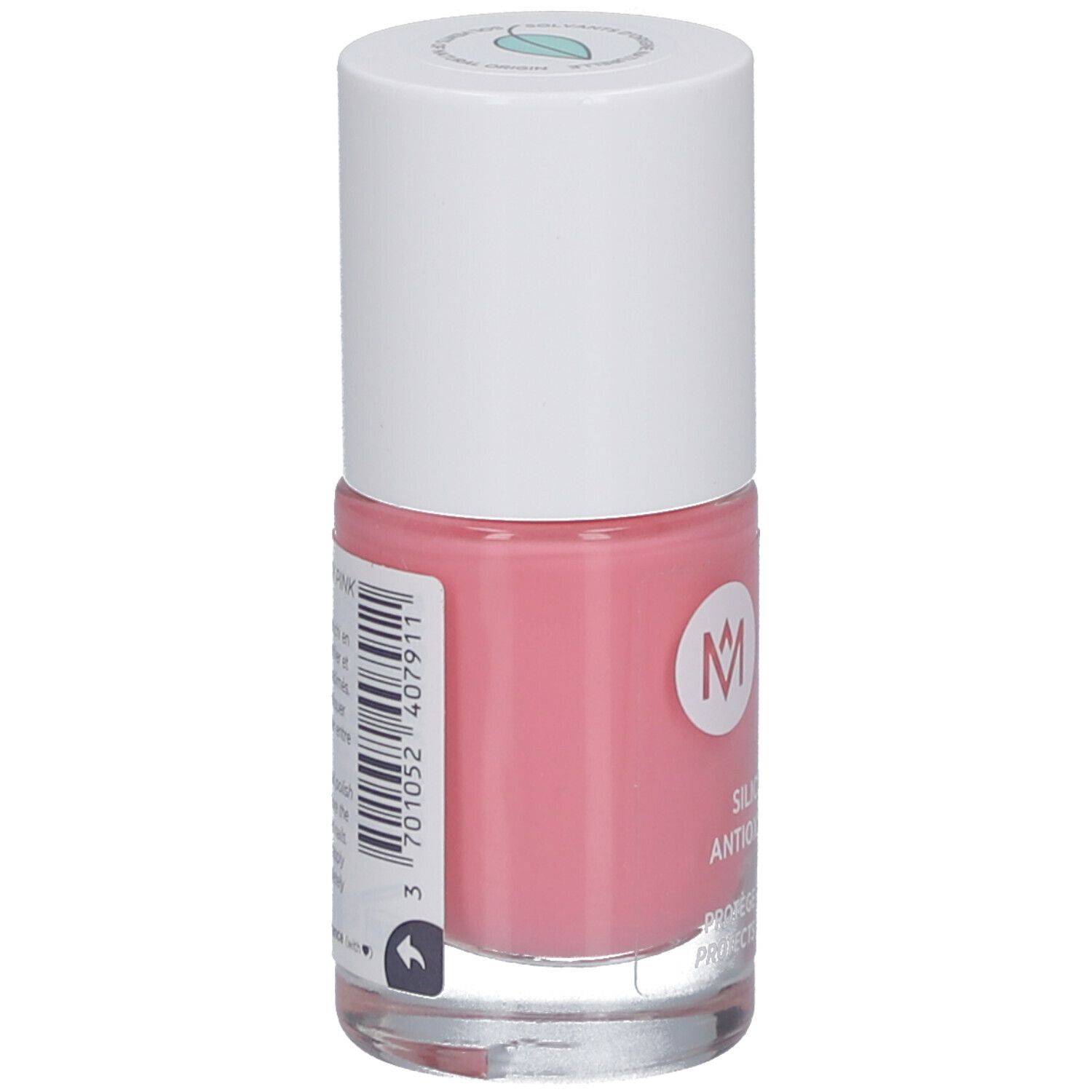 Nagellackflasche, rosa. Weißer Deckel. Barcode und Text auf der Rückseite. MÊME, Silicium & Antioxidantien.
