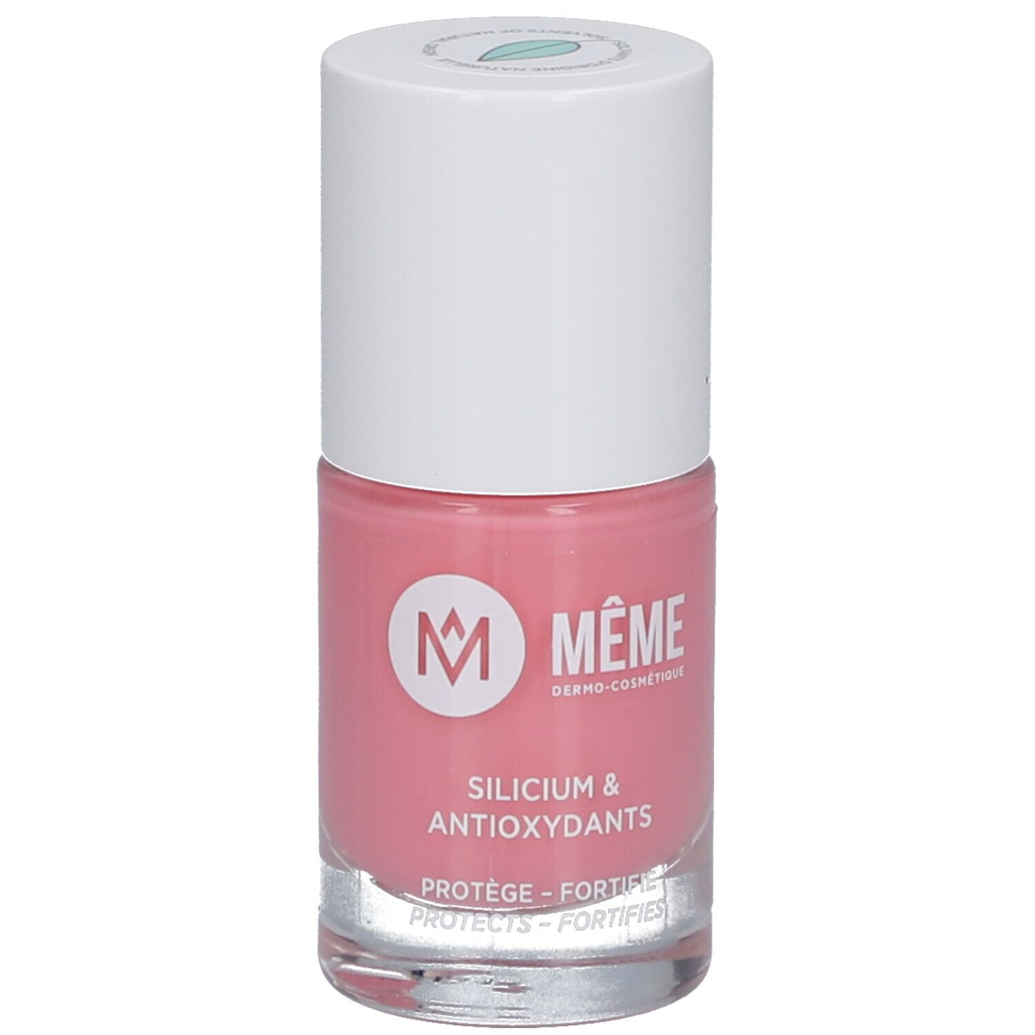 Nagellackflasche, rosa. Weißer Deckel. Aufschrift: MÊME, Silicium & Antioxidantien. Schützt, stärkt.
