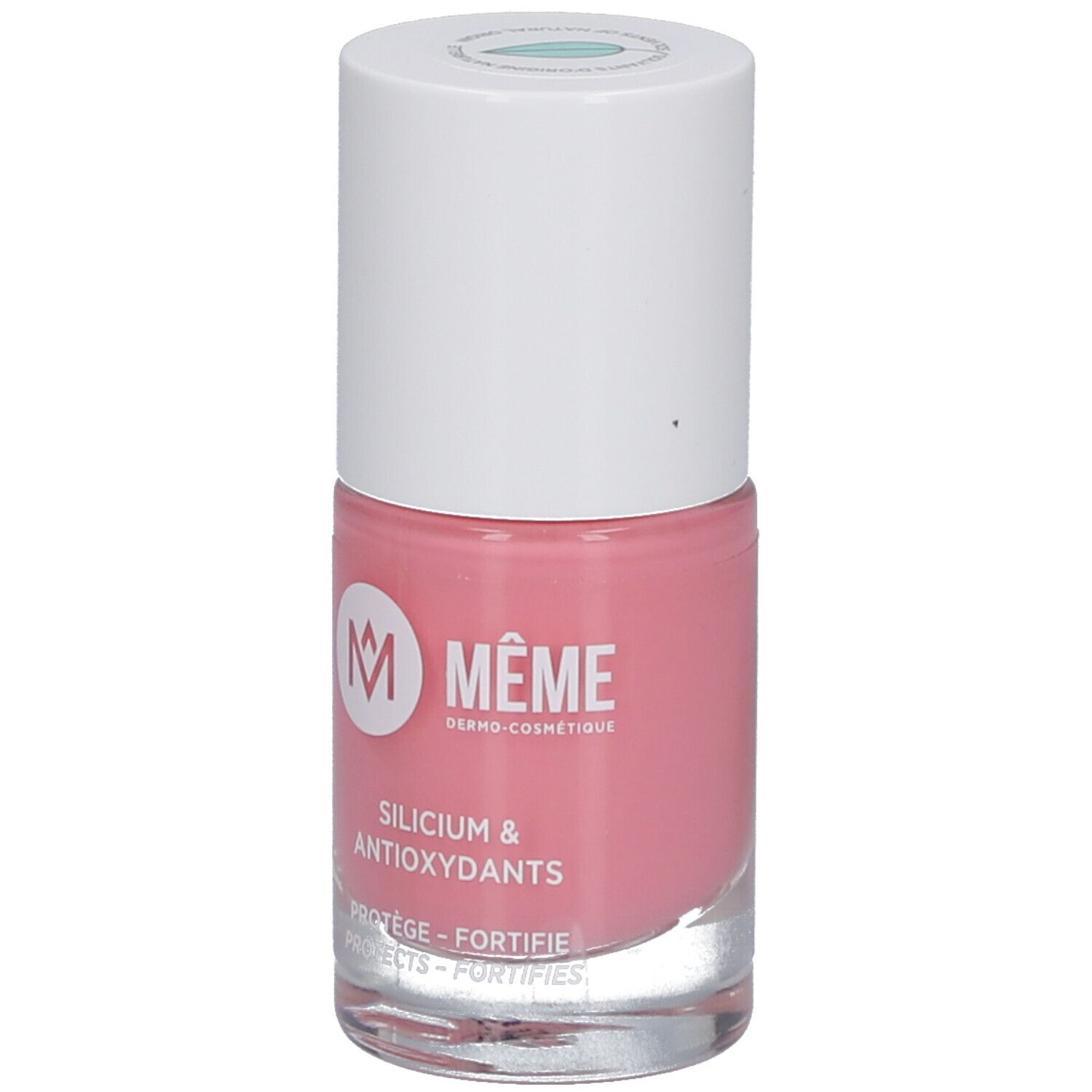 Nagellackflasche, rosa. Weißer Deckel. Aufschrift: MÊME, Silicium & Antioxidantien. Schützt, stärkt.