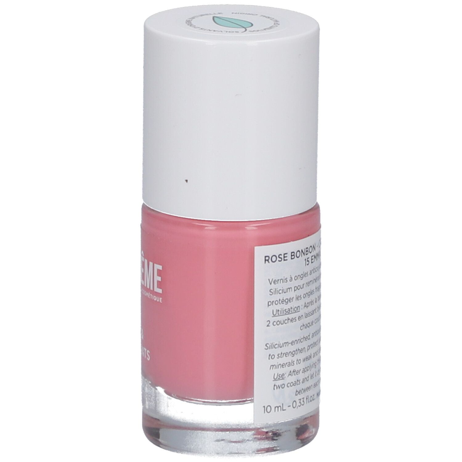 Nagellackflasche, rosa. Weißer Deckel. Text: Rose Bonbon, 15 Emma. Silicium-angereichert. 10 ml.