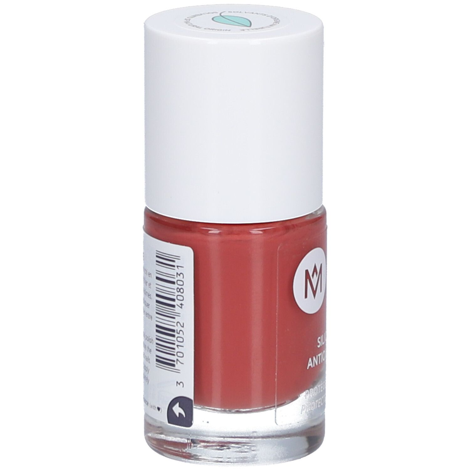 Nagellackflasche, Rückseite. Rote Flüssigkeit. Weißer Deckel. Barcode und Produktinformationen.