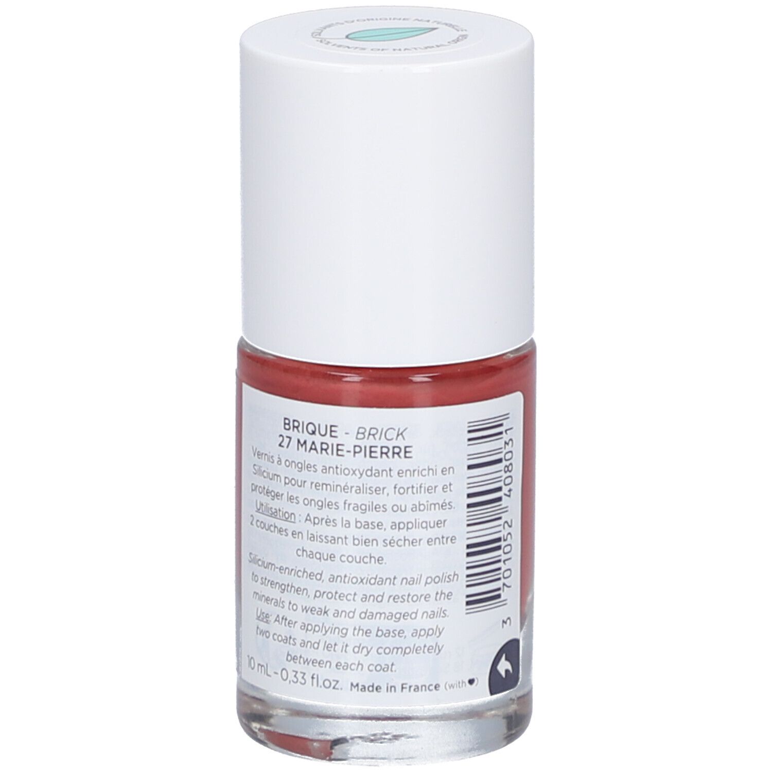 Nagellackflasche, Rückseite. Rote Flüssigkeit. Weißer Deckel. Produktinformationen und Inhaltsstoffe.